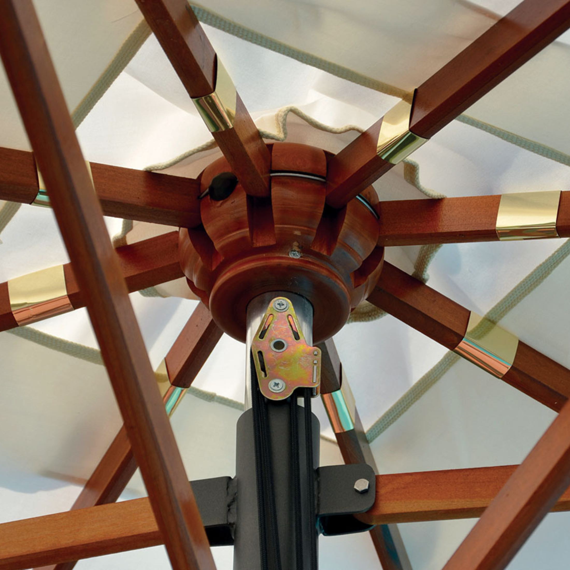 Modern white "Facility Wood" garden umbrella with telescopic central wooden pole