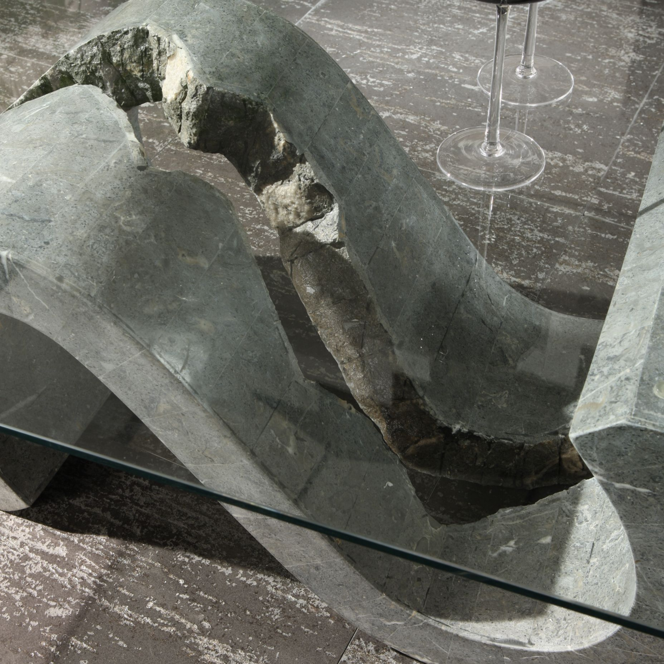 "Esse" fossil stone coffee table with tempered glass top, 120x70 cm, 36 cm high