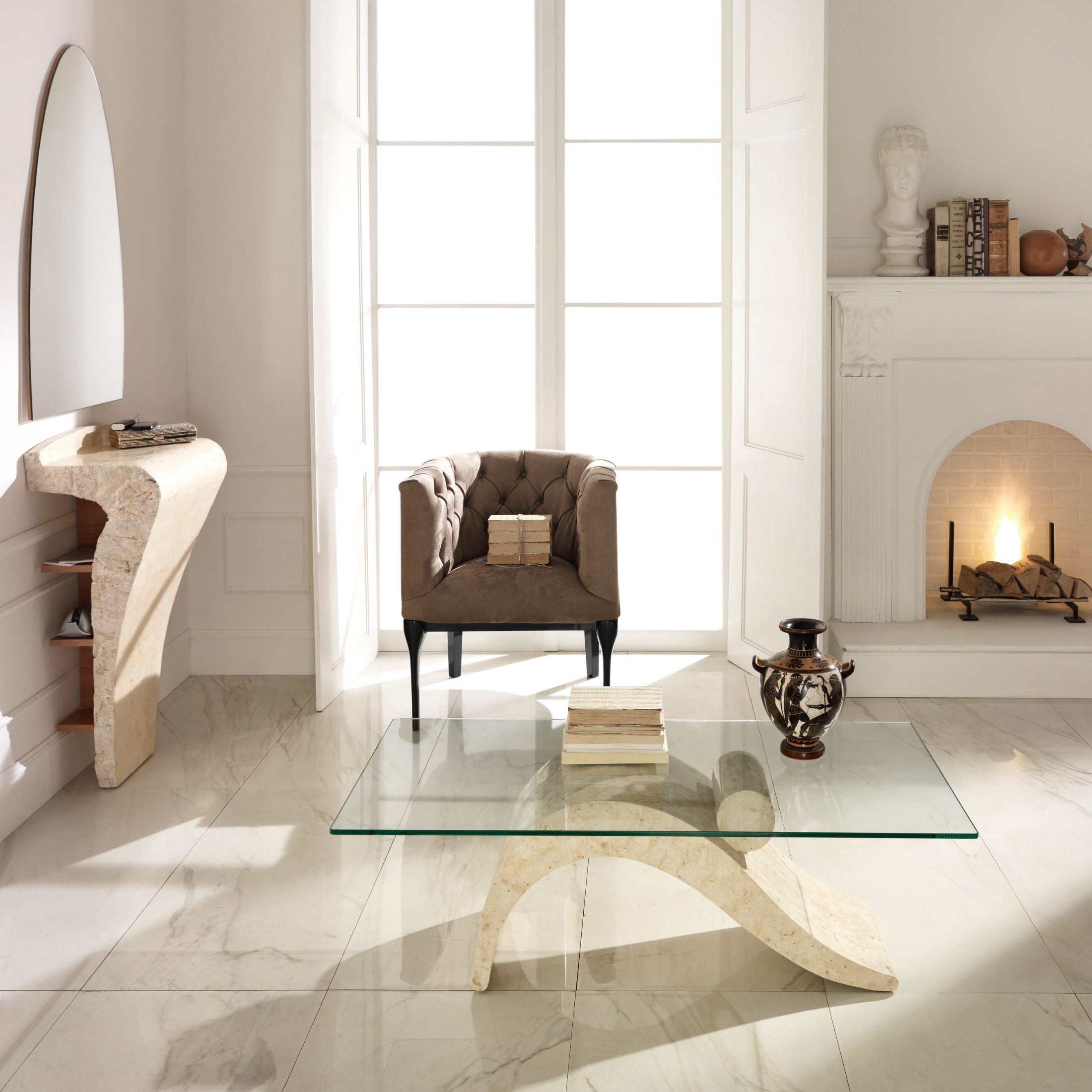 "Gary" fossil stone coffee table with tempered glass top, 120x70 cm, 40 cm high