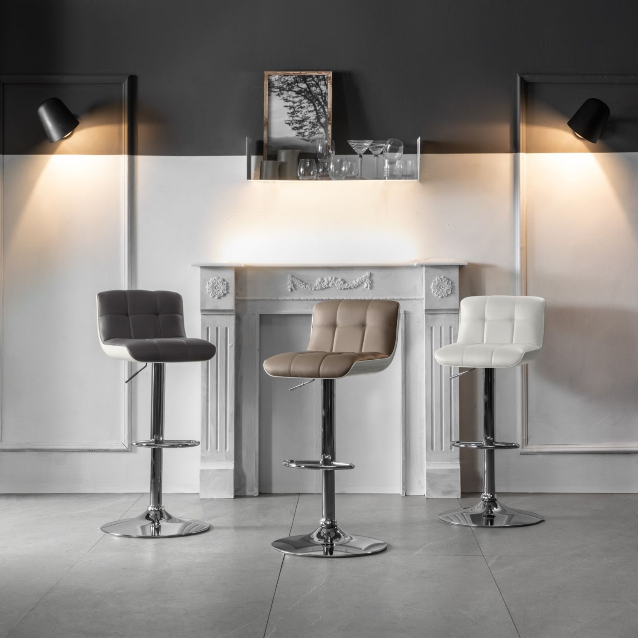 Set of high padded stools "Kurt" in imitation leather with gas lift and footrest cm 38.5x36 83h