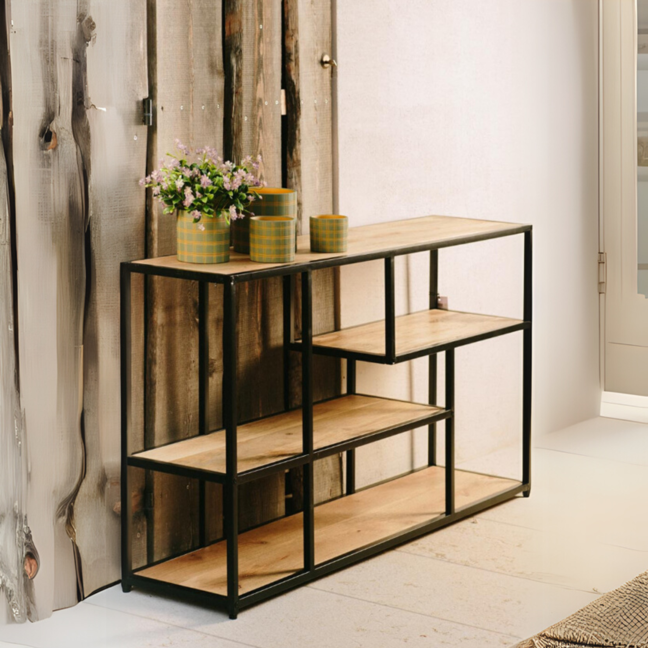 "Industrial" low cabinet in oak wood and metal, 140x35x80 cm.