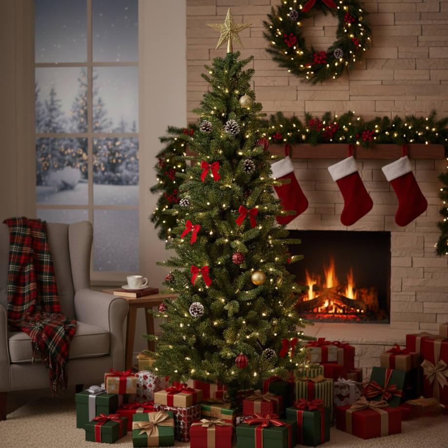 Slim Christmas tree "Arielis Slim" with micro LEDs in PE Real Touch Effect + PVC