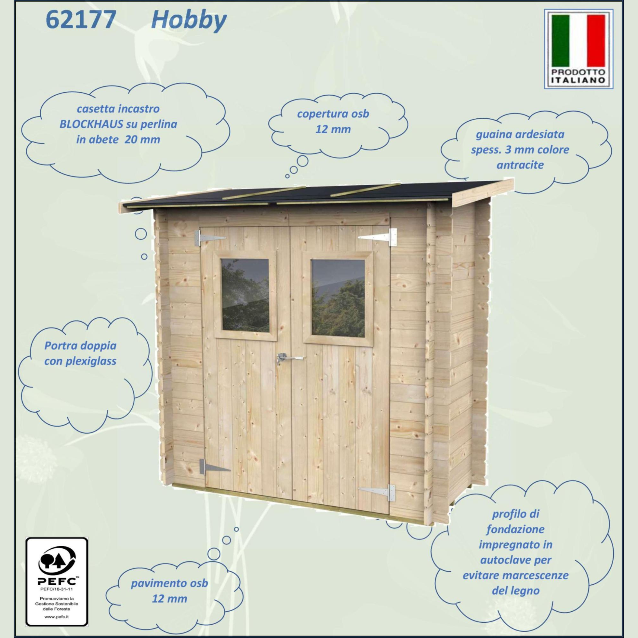 "Hobby" wooden garden house, single-pitched, 198x98 cm, 197 cm high, double-windowed door