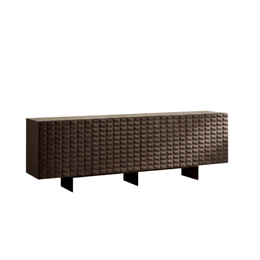 Brown "Arkos" living room sideboard with bronze metal crosspiece and bronze mirrored glass top