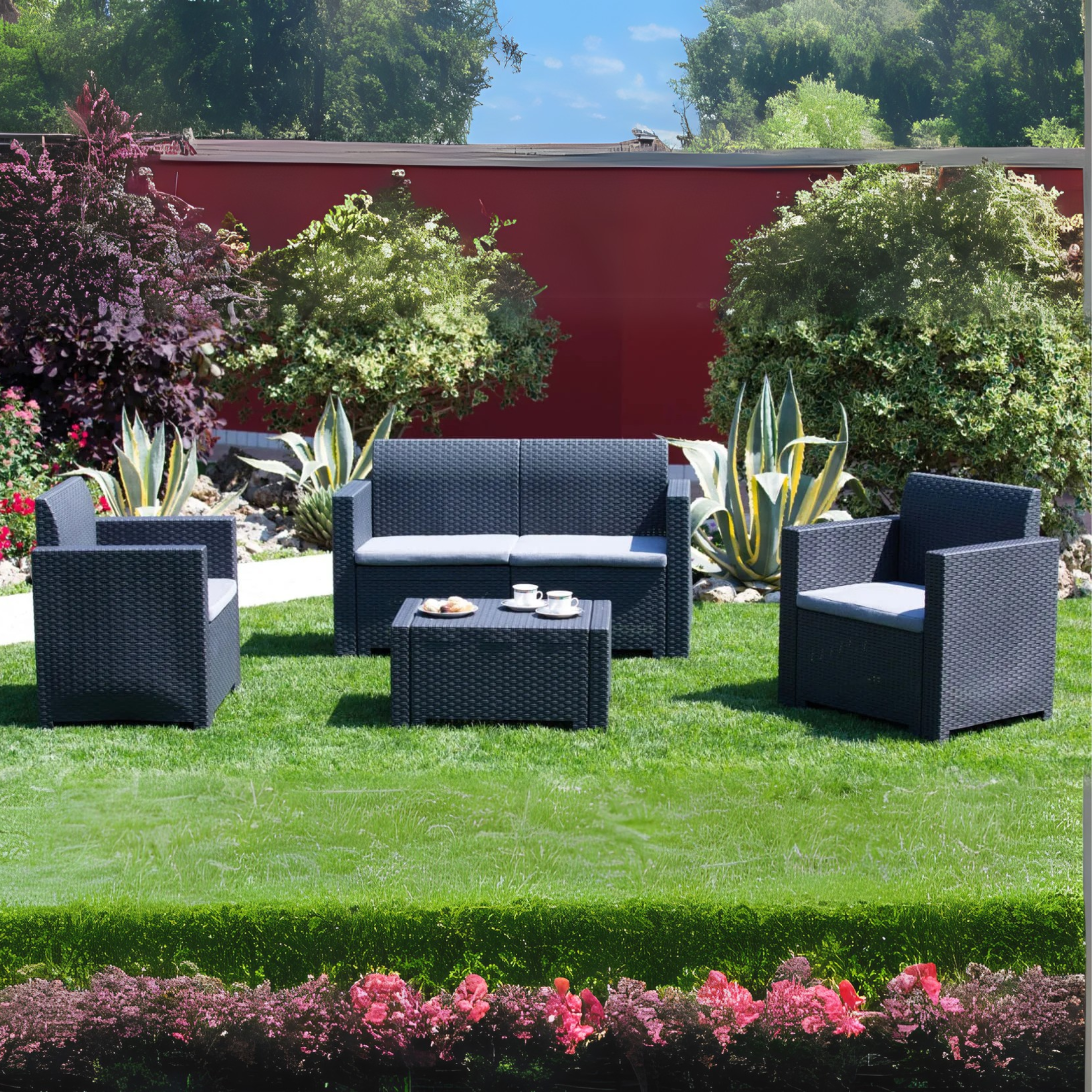 "Nebraska II" garden lounge set in rattan resin, coffee table + sofa + 2 armchairs with cushions