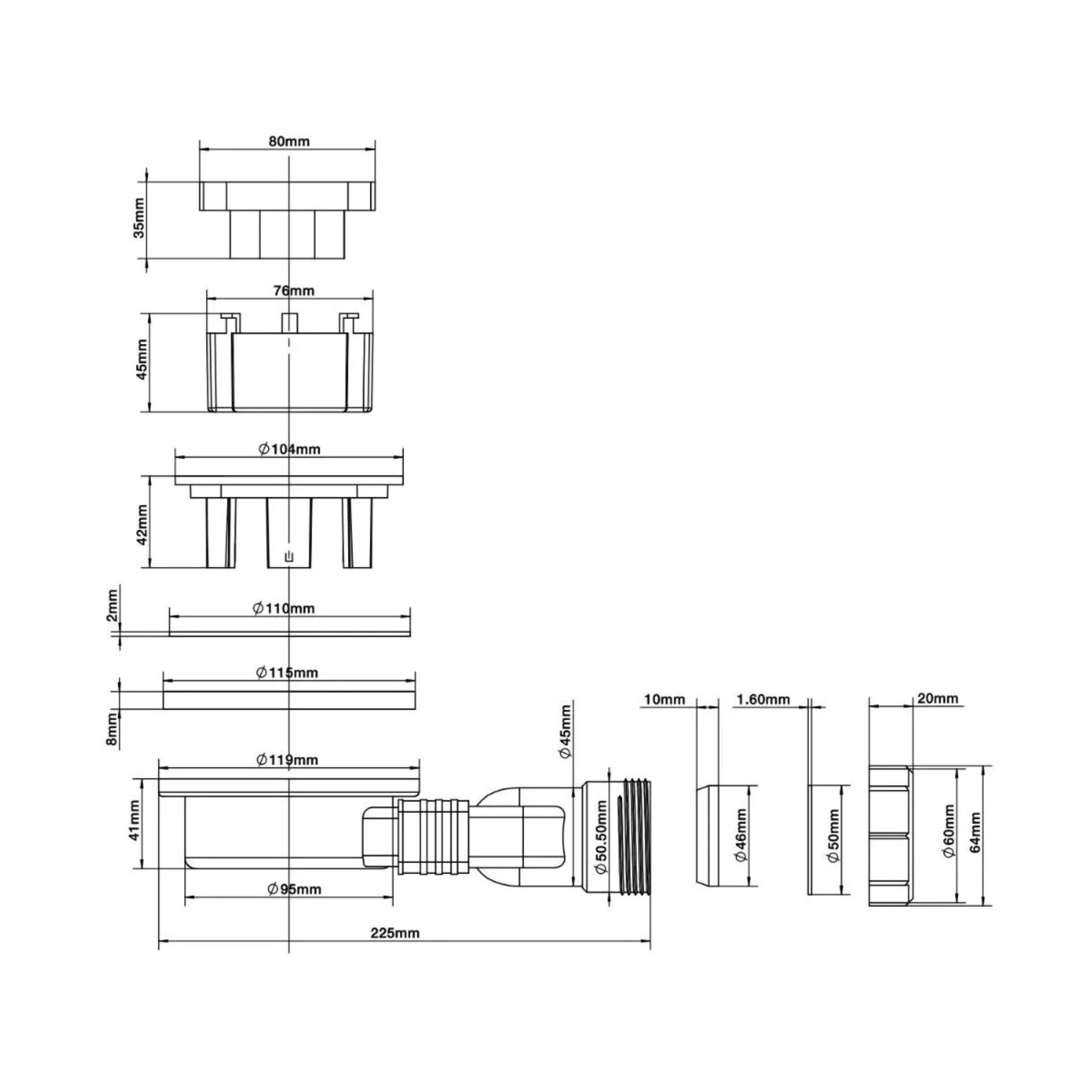 "Milano" shower tray drain in white plastic, height 50 mm