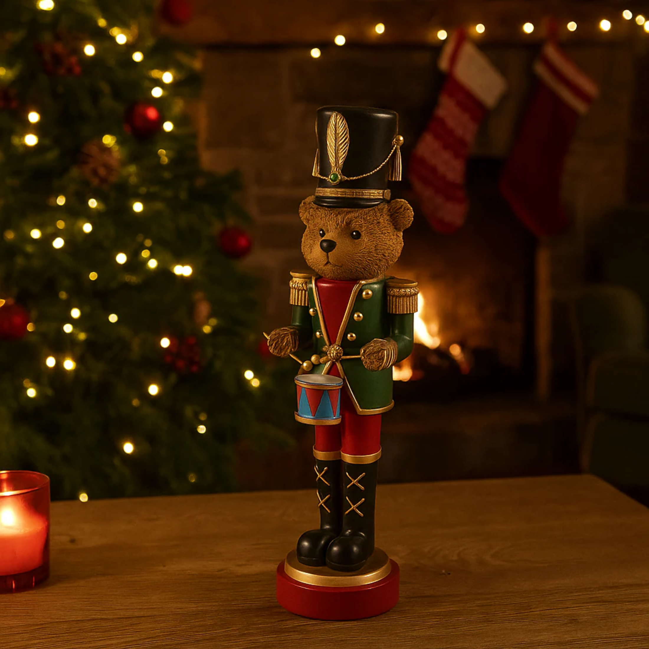 Toy soldier bear with mini LED Christmas decoration, 46 cm high.