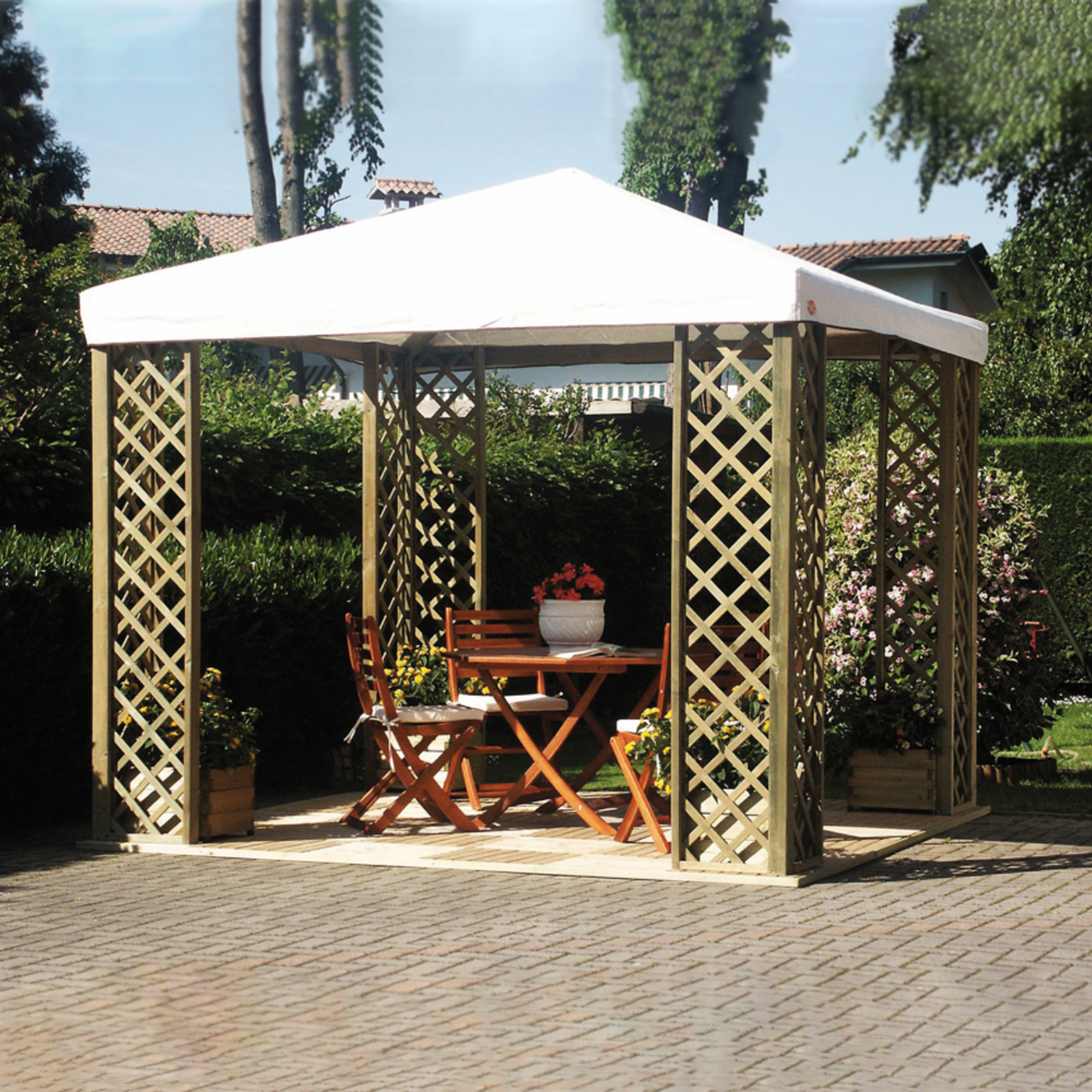 "Lolita" outdoor gazebo in fir wood with white PVC cover, 3x3 m, 2.7 m high.