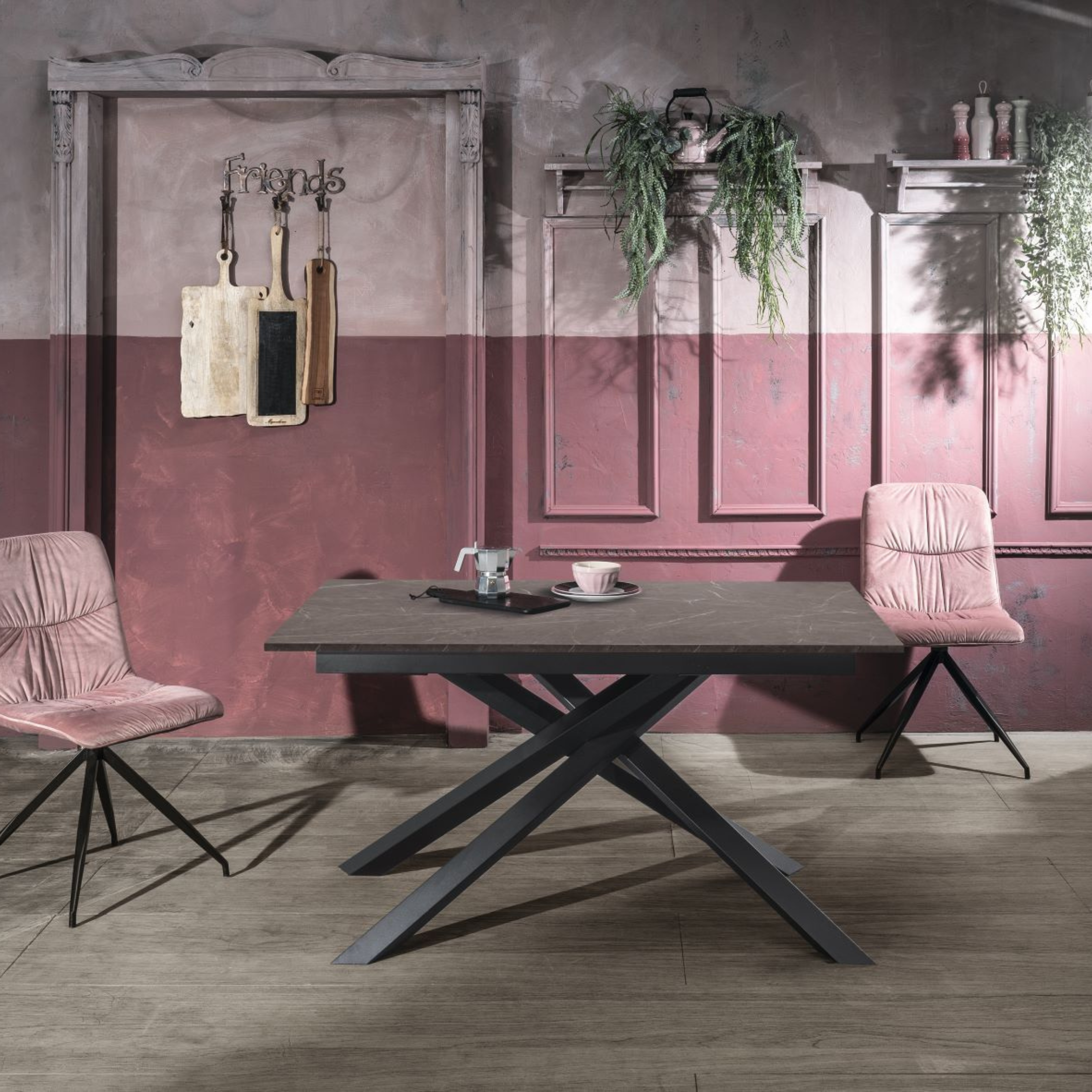 Mesa extensible moderna "Atene" con tablero de melamina y patas de metal pintado