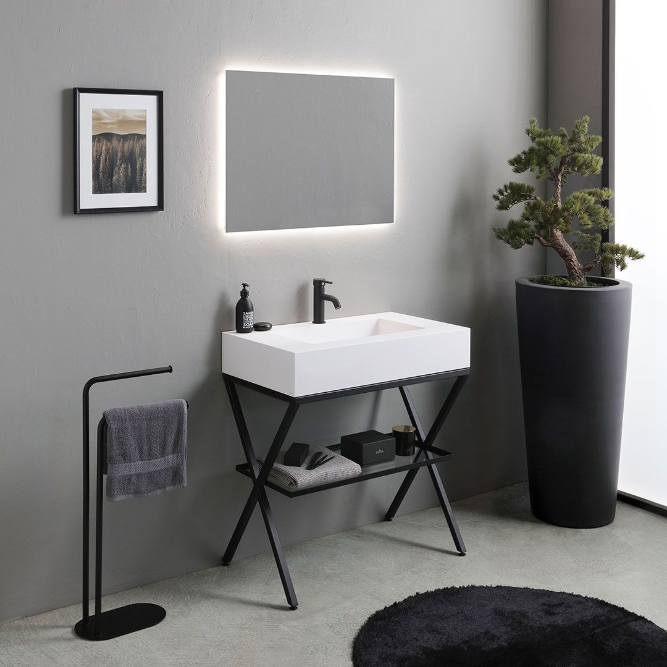 Cartagena white floor-standing bathroom cabinet with LED mirror and 80 cm glass shelf