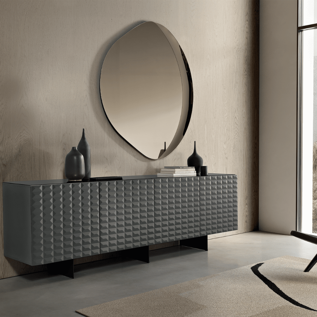 Madia da soggiorno antracite "Cortese" con piede traverso in metallo e top in vetro specchiato fumè - MondoViro