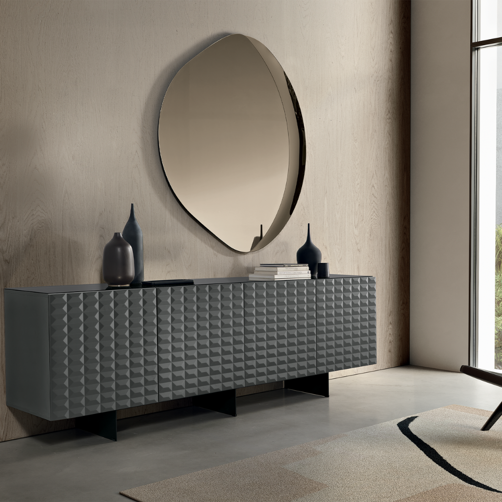 Anthracite "Cortese" living room sideboard with metal crosspiece and smoked mirrored glass top