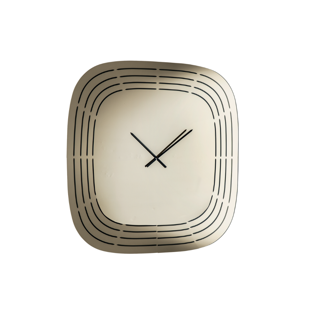 Mirrored glass wall clock with laser engravings, 120 x 120 cm.