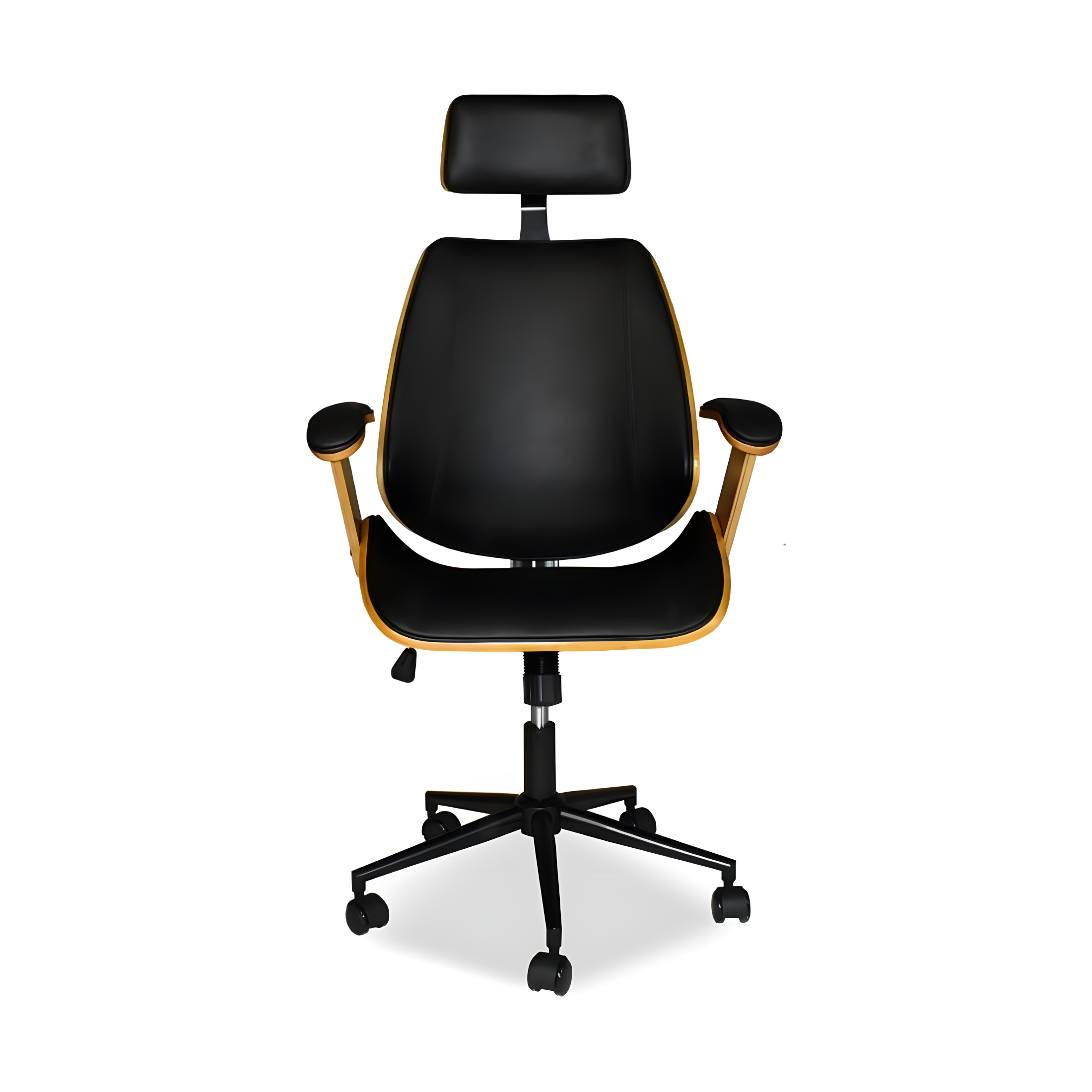 "James" swivel office chair in black leather with wood-effect frame and armrests, 66x50 cm, 118 cm high.