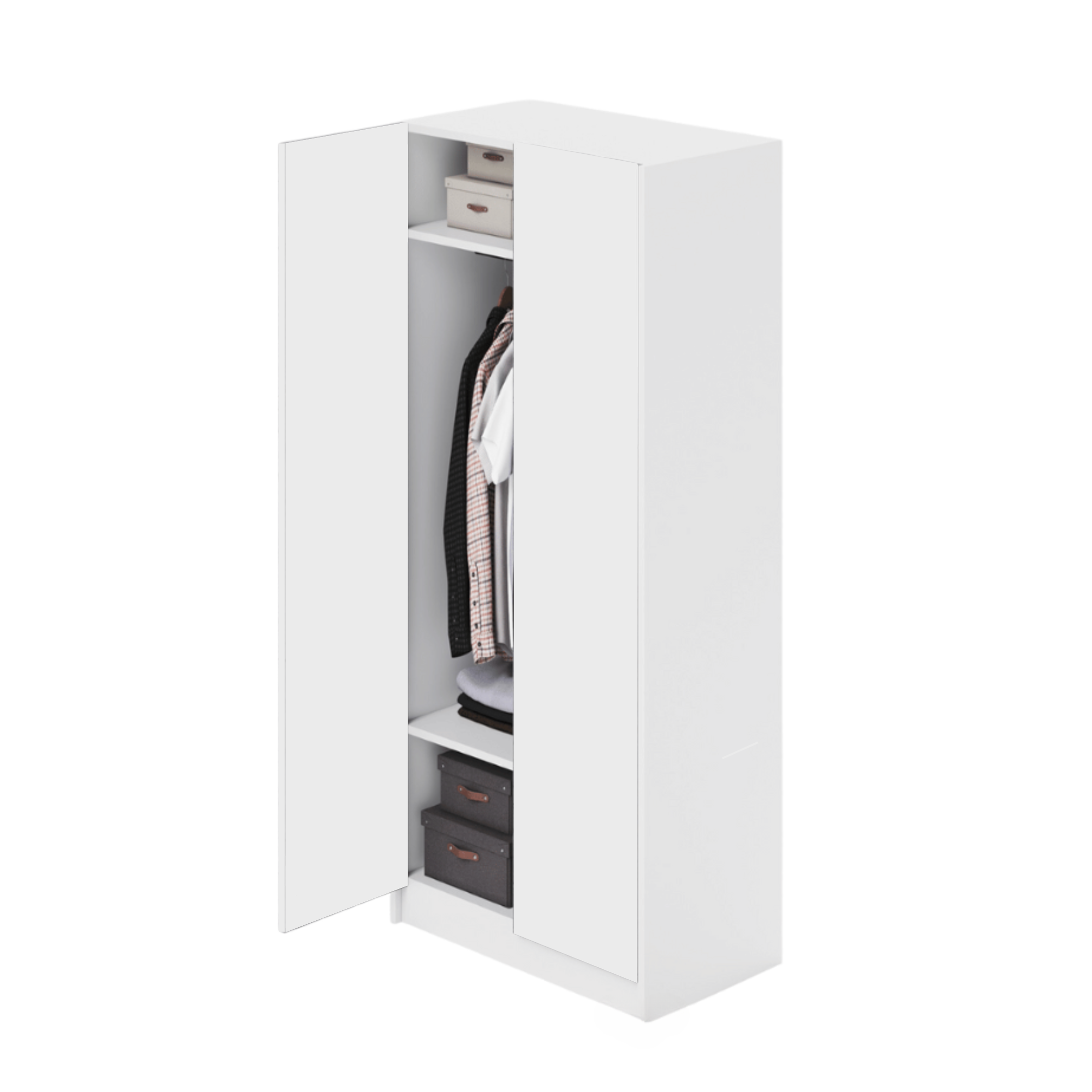 "Modern" white wooden wardrobe with 2 doors, coat rack and 2 shelves, 91x52 cm, 210 cm high