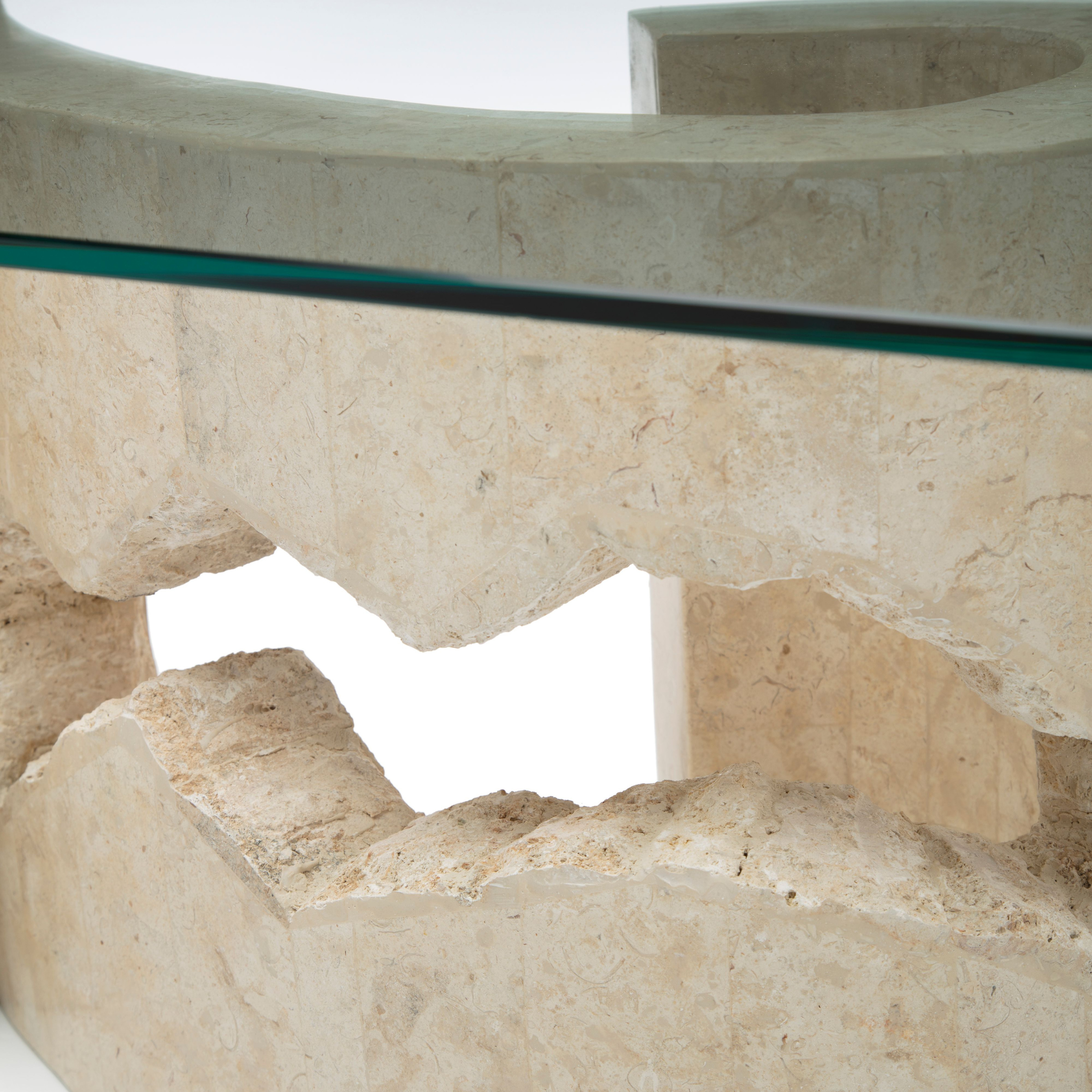 Low table in fossil stone "Flake" tempered glass top 120x70 cm 37h