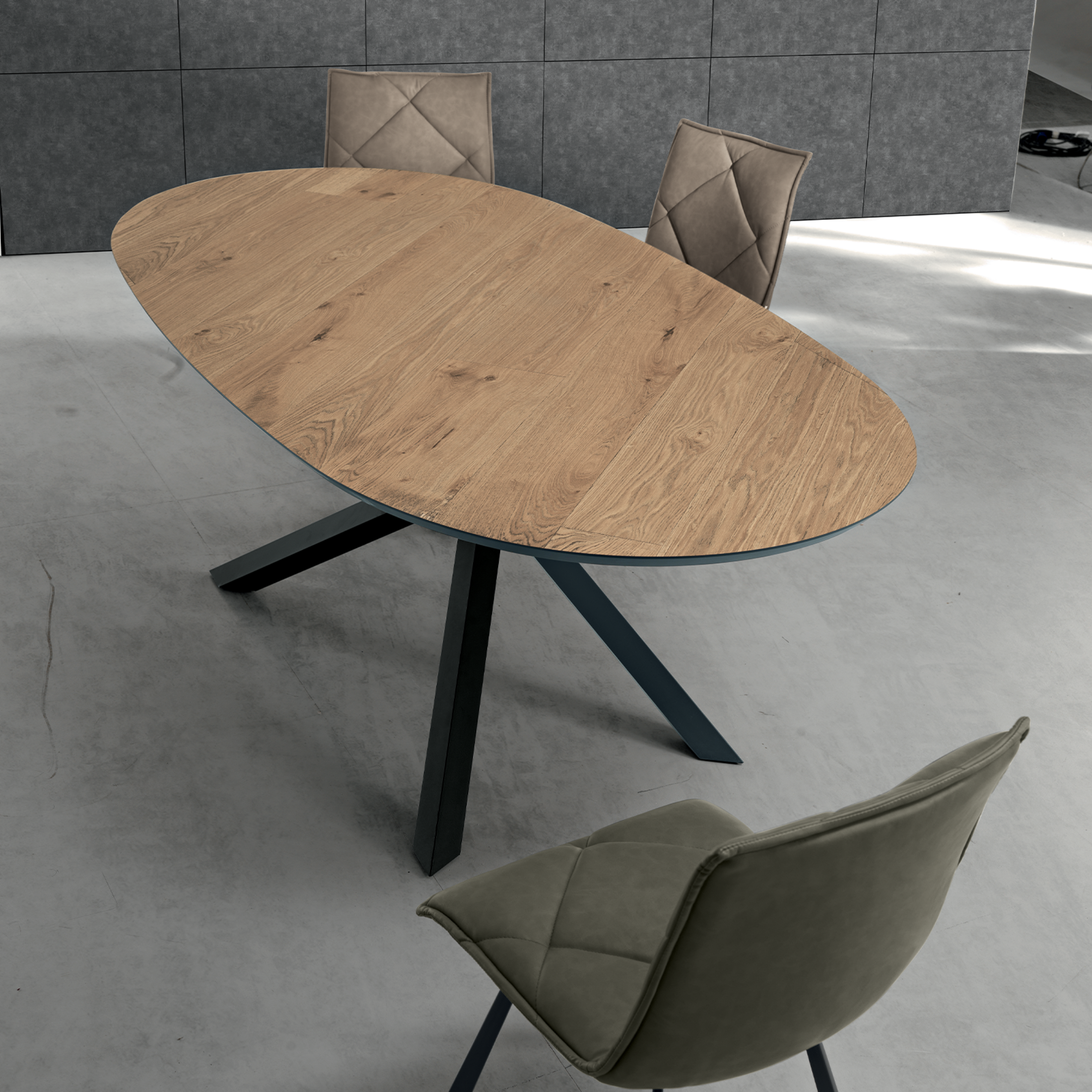 "Canyon" modern fixed dining table with metal base and oak top, 210x109 cm, 75 cm high