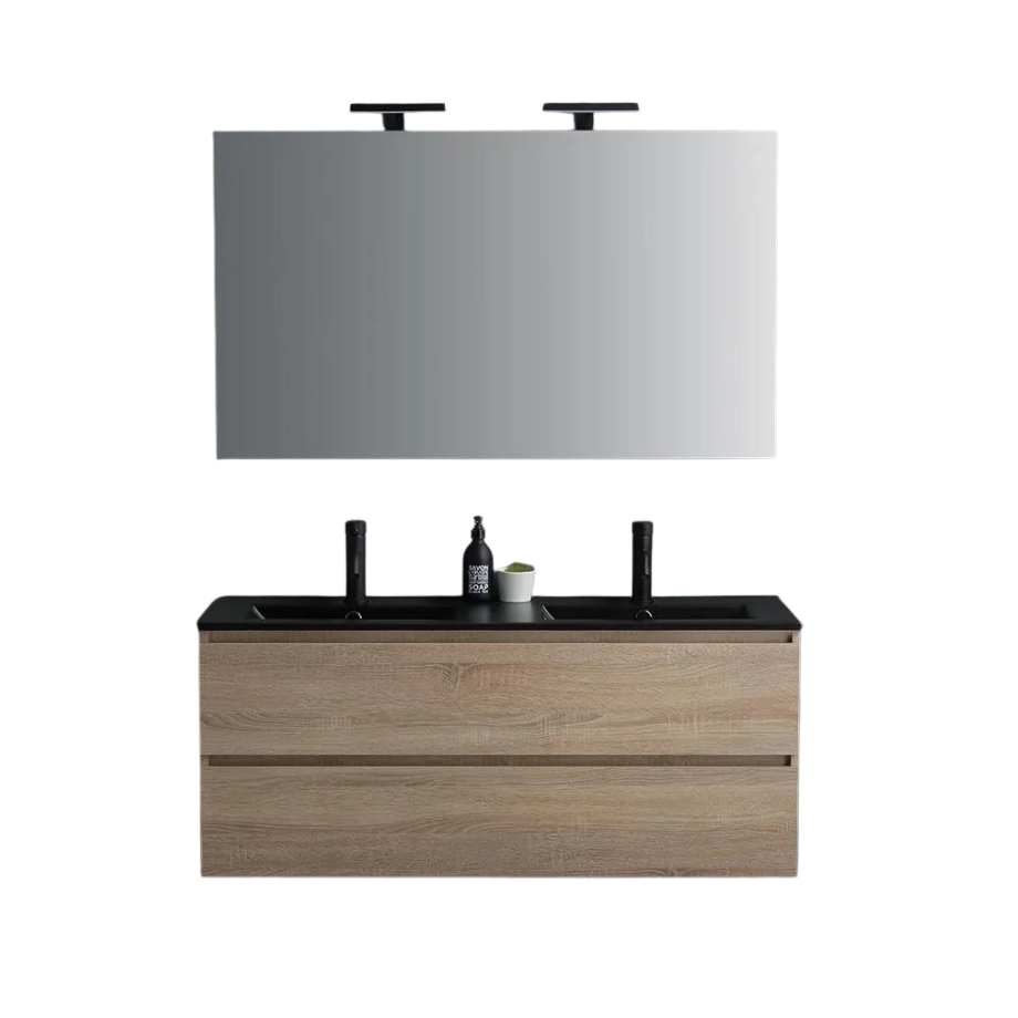 "Berlino60" oak-colored wall-hung bathroom cabinet with 2 drawers, black sink, and mirror
