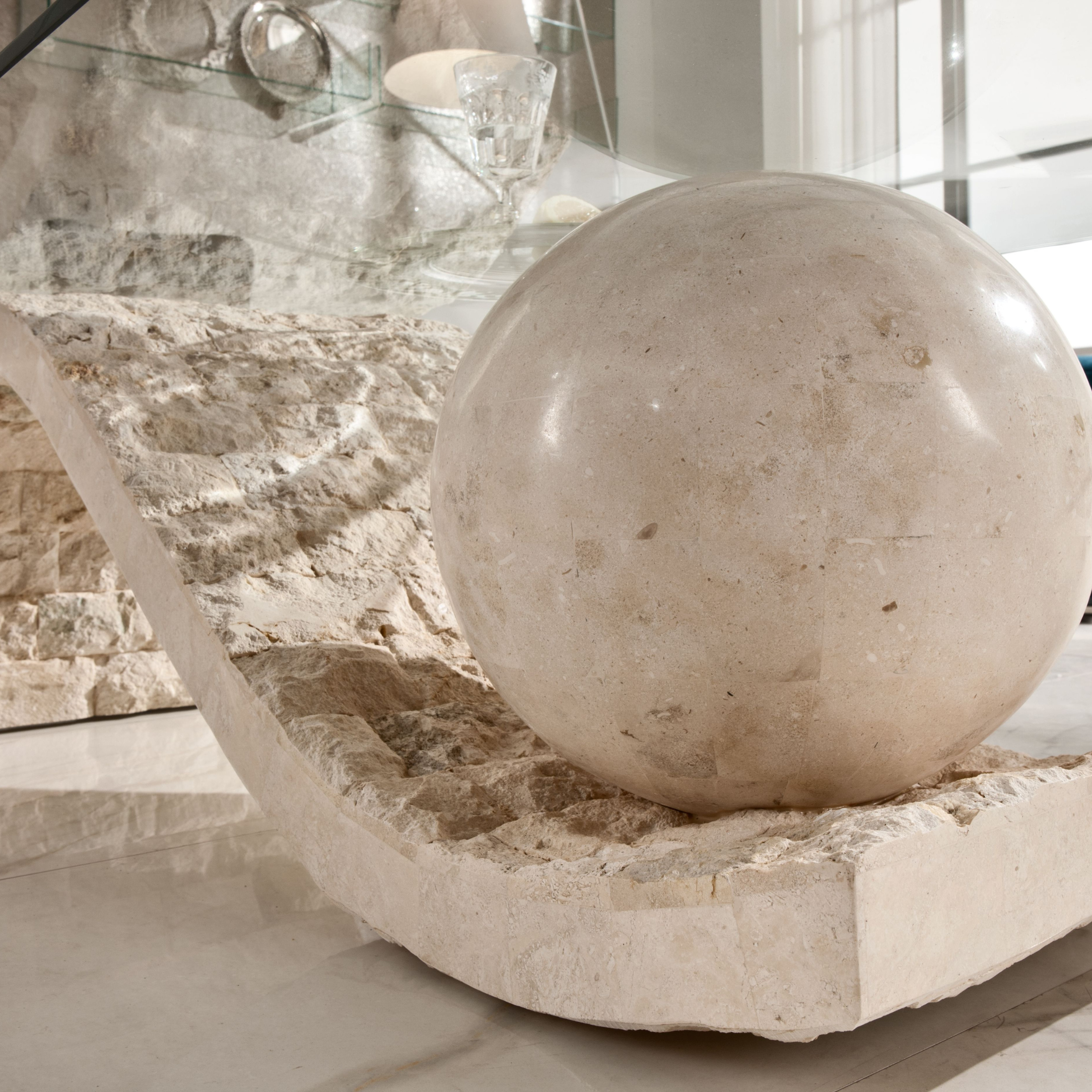 "Mary" fossil stone coffee table with tempered glass top, 120x70 cm, 37 cm high