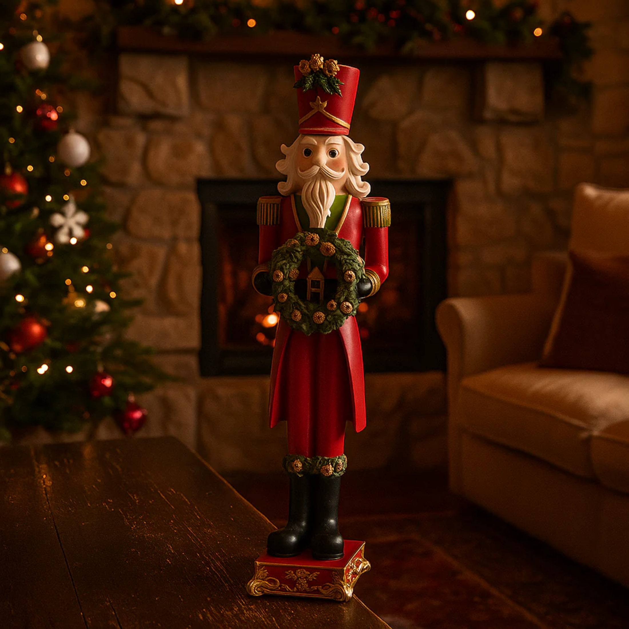 Red and green resin Christmas soldier with integrated decorative glitter garland, 60 cm high.