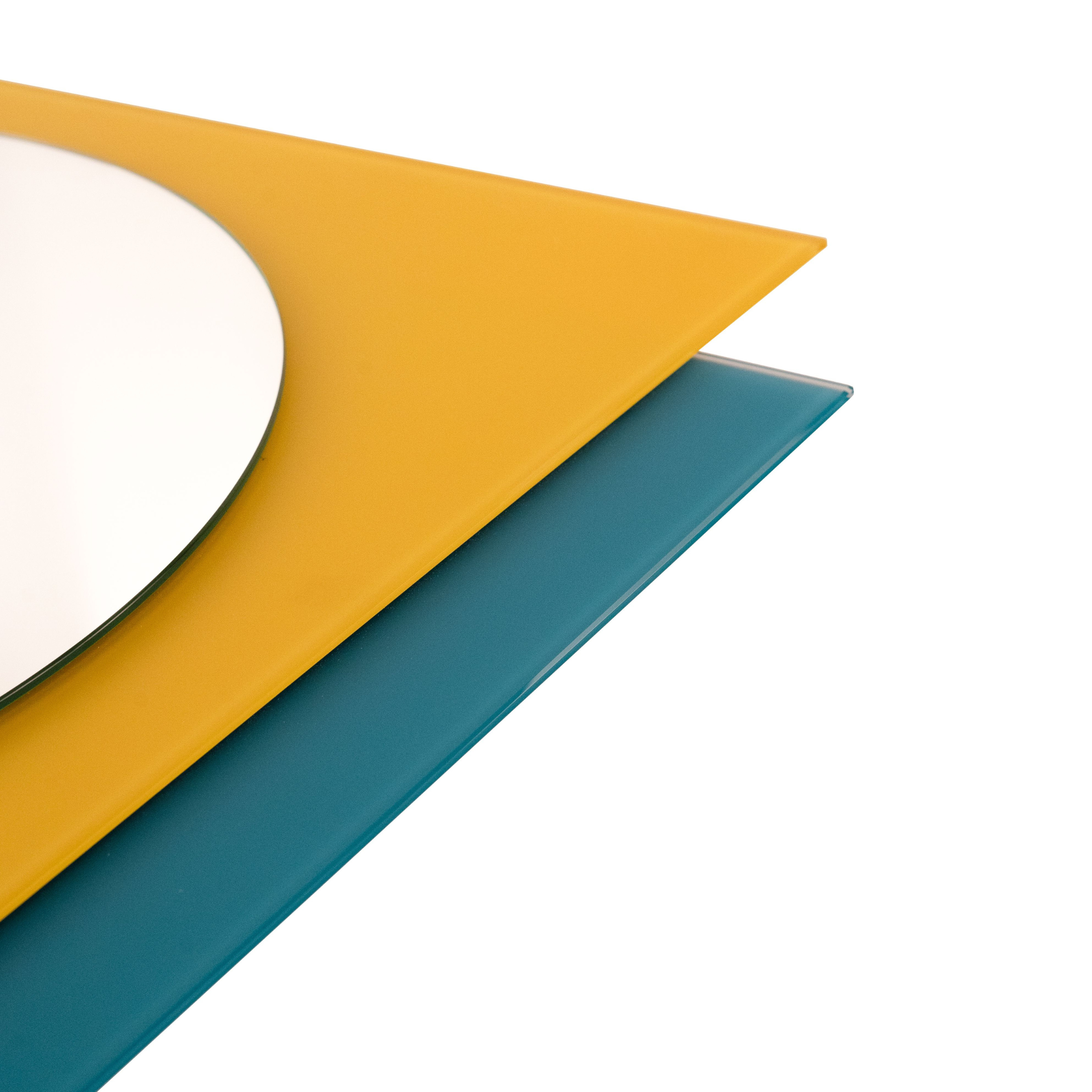 Round wall mirror "Chanty" turquoise and mustard satin glass panels 70x2 cm 57h