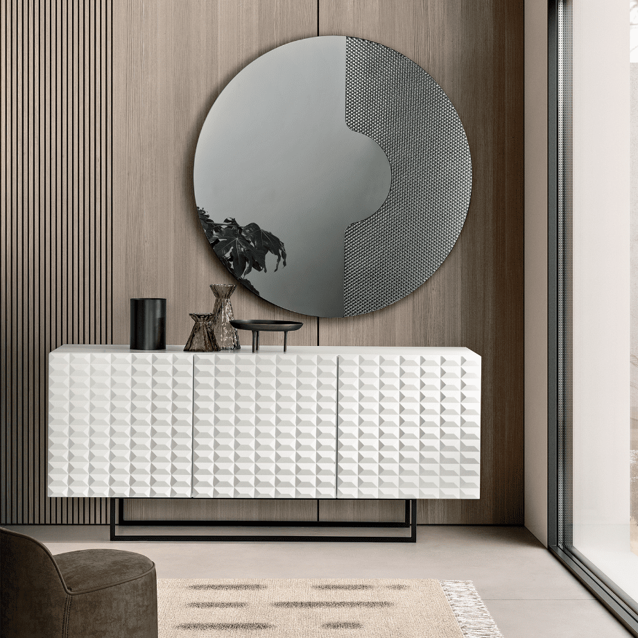 Specchio da parete tondo "Ilia" con inserto a rete per ambienti moderni - MondoViro