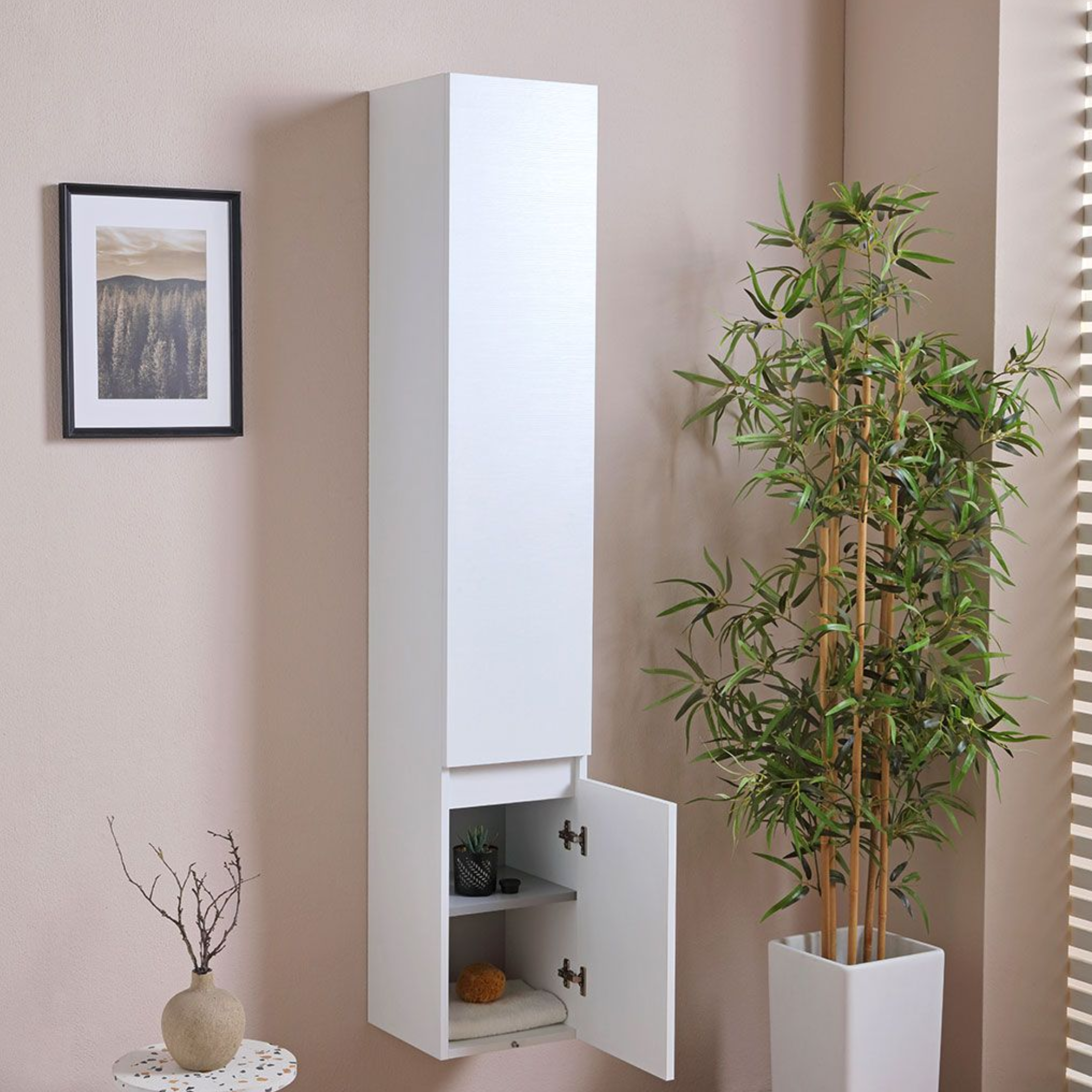 Tall suspended white wood-effect wall unit with two doors, 30x30 cm, 170 cm high