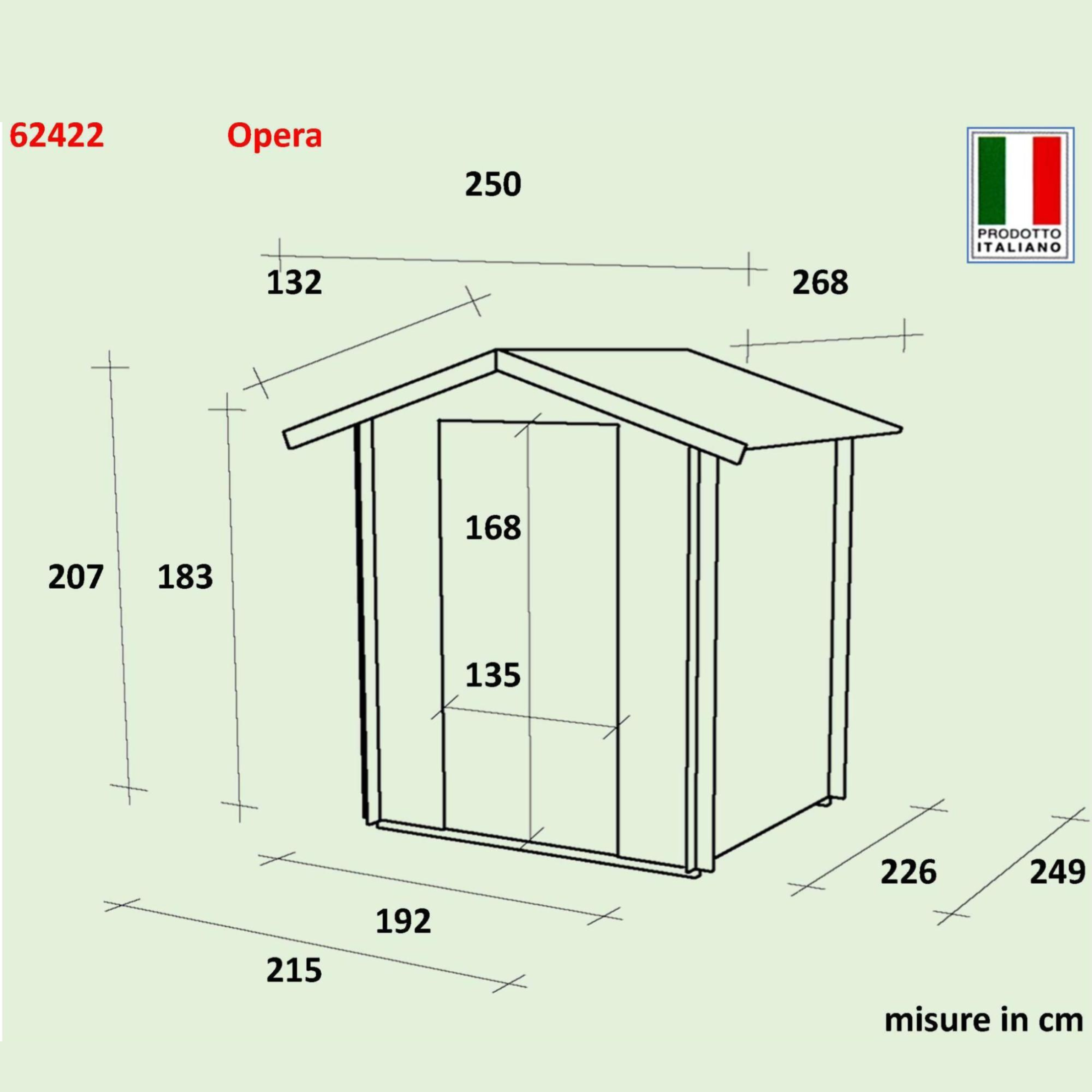 "Opera" wooden garden house, 215x250 cm, 207 cm high, double door with windows