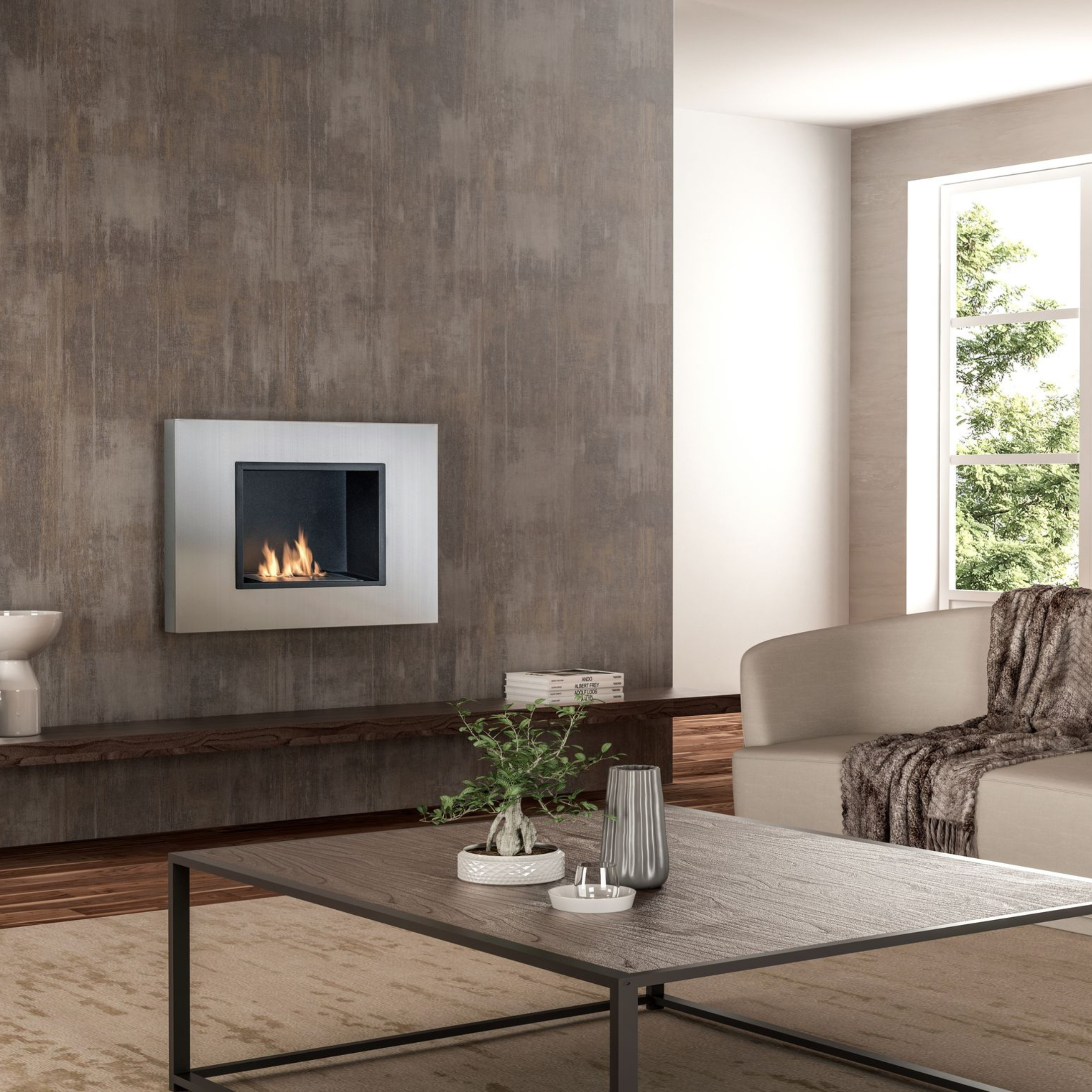 "Charles" wall-mounted bioethanol fireplace in satin-finish steel, 78 x 17 cm, 54 cm high.