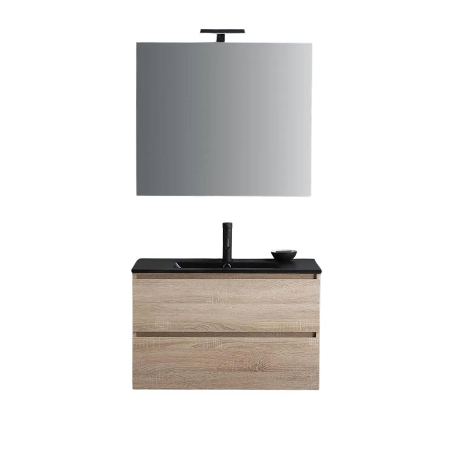 "Berlino60" oak-colored wall-hung bathroom cabinet with 2 drawers, black sink, and mirror