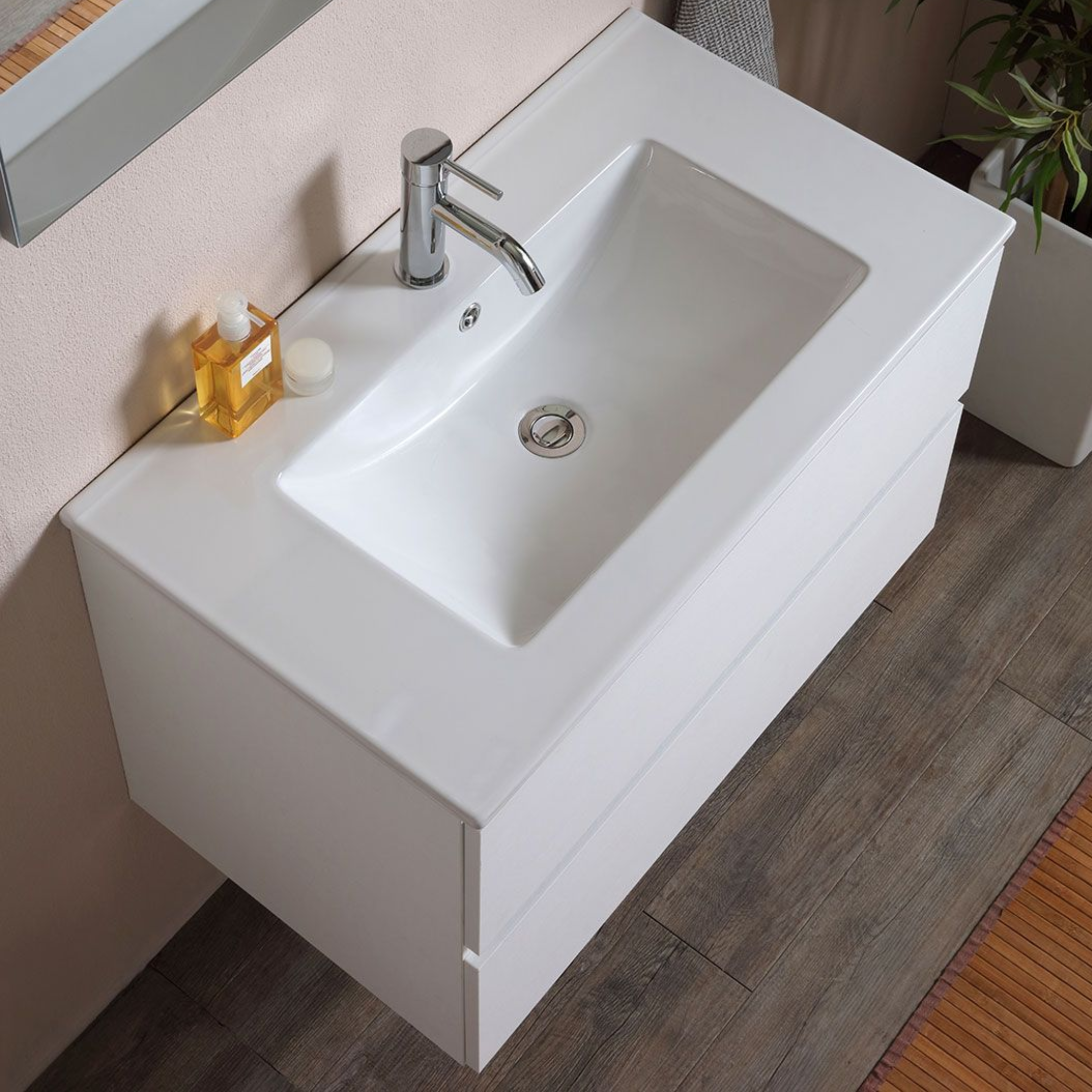 "Belize80" white wall-hung bathroom cabinet with two drawers and a ceramic sink
