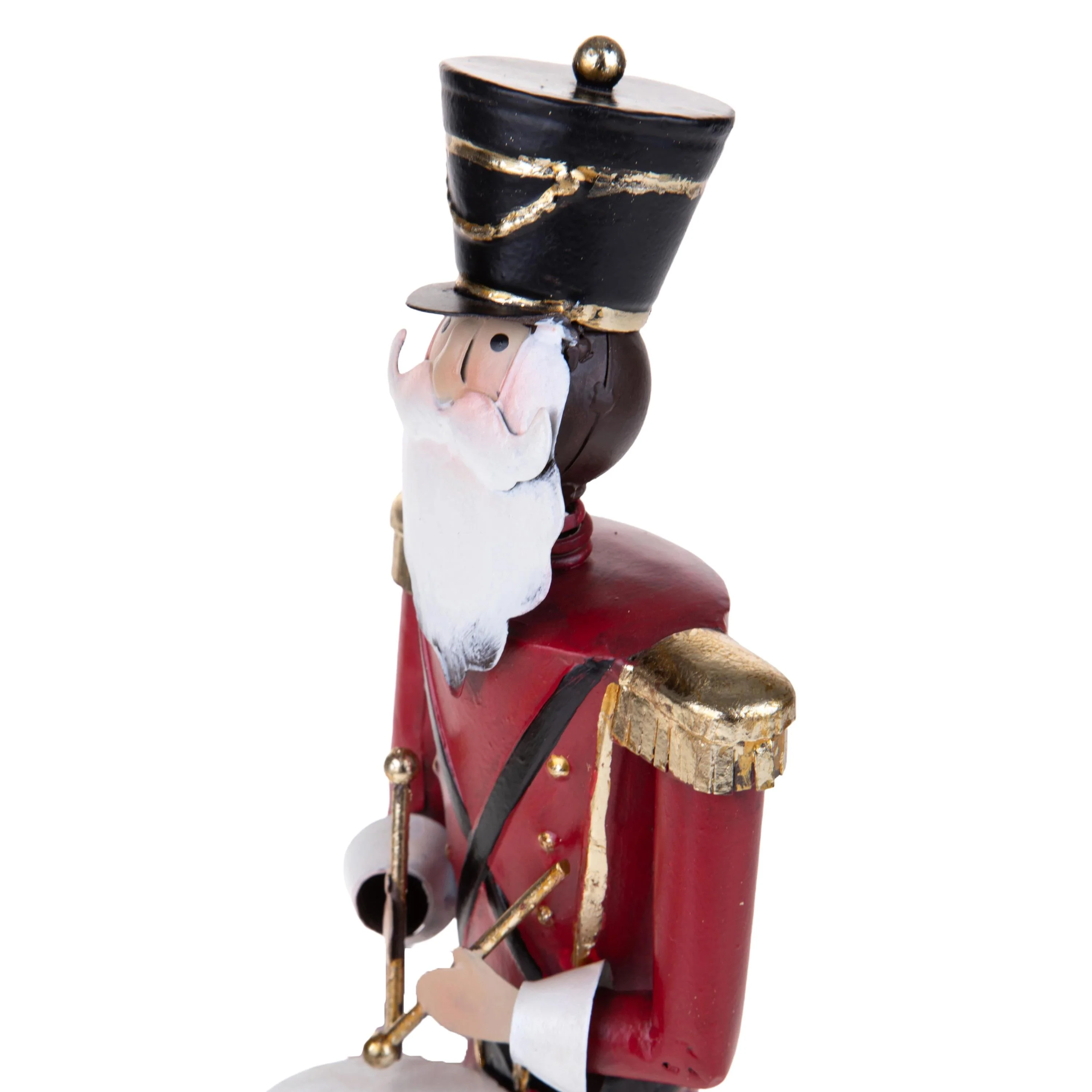 Red and green Christmas nutcracker soldier with drum, 10 x 35 cm.