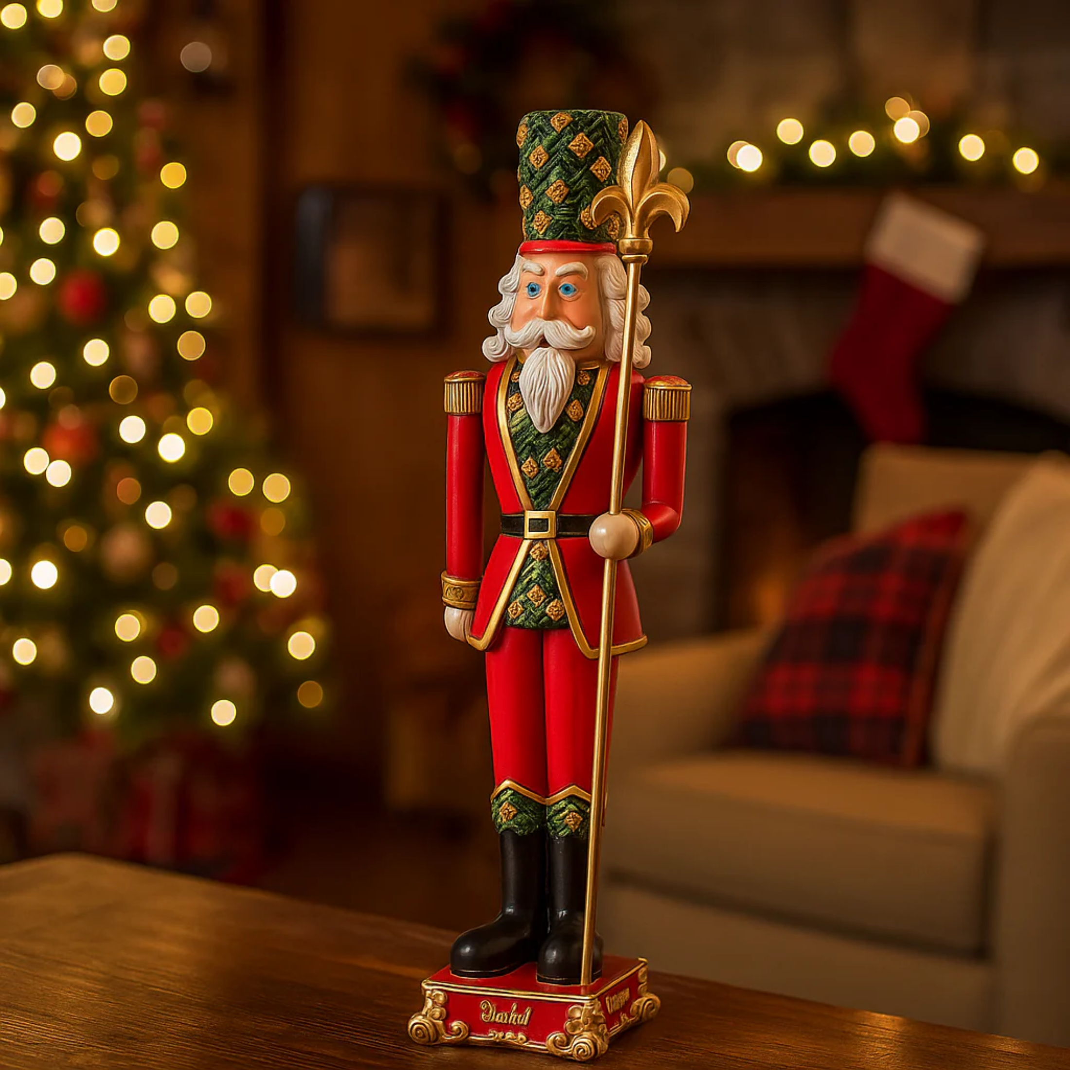 Red and green resin Christmas soldier with decorative halberd in hand, 51.5 cm high