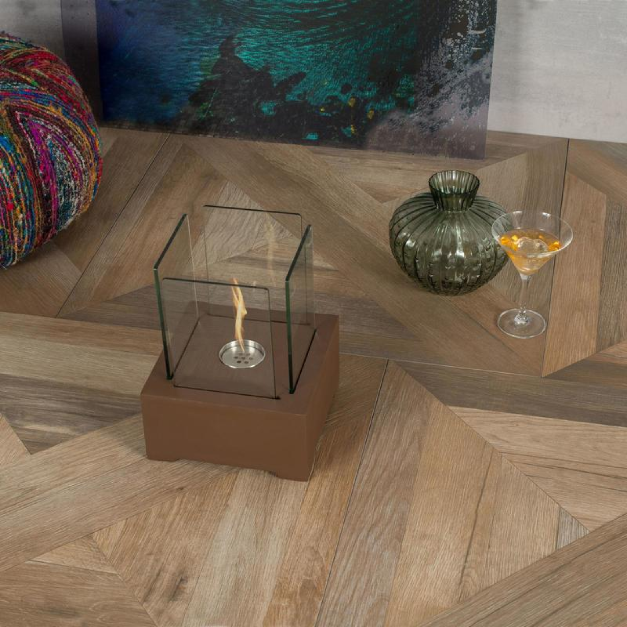 Chimenea de sobremesa de bioetanol "Karol" en vidrio templado, 22x22 cm, 29 h