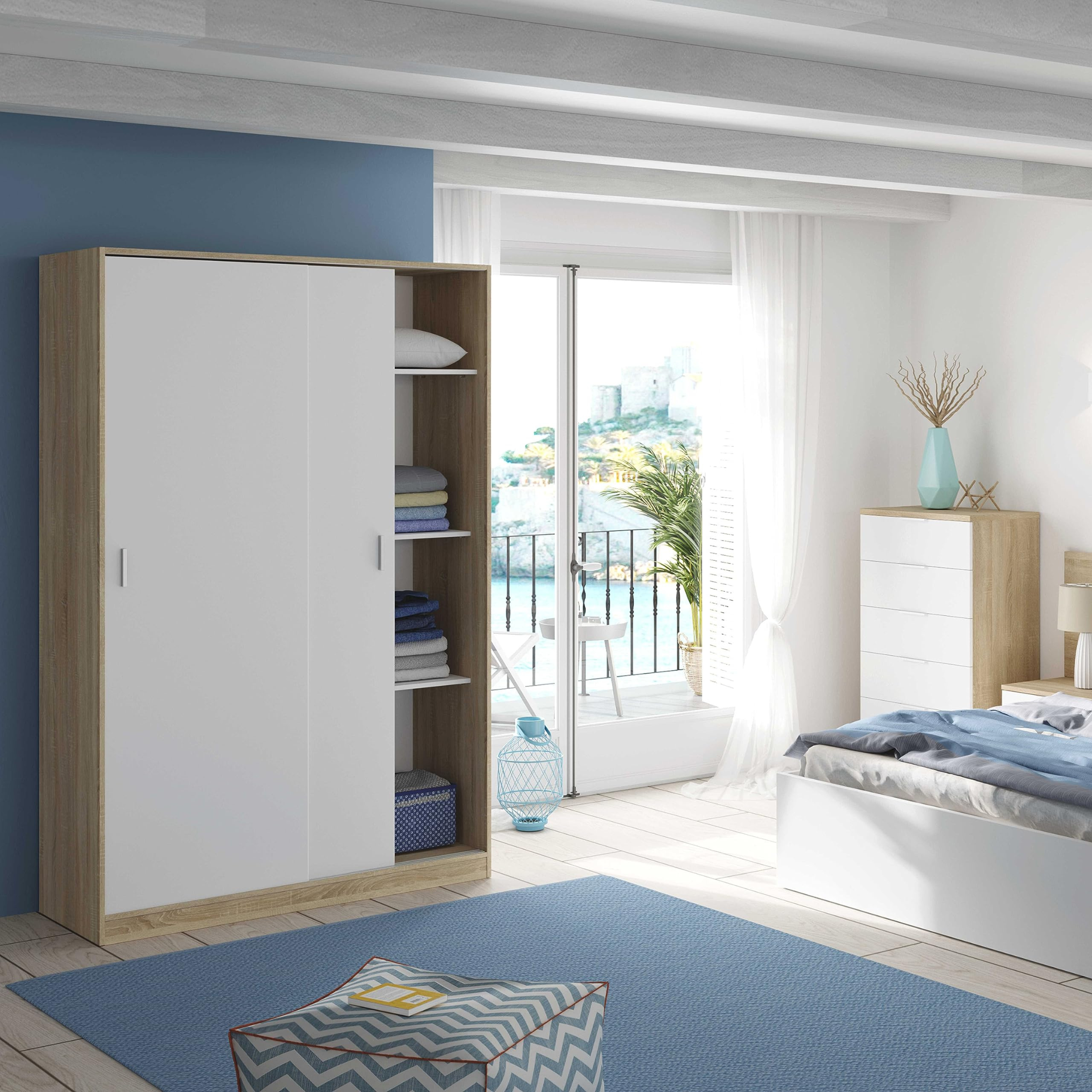 "Pexy" wooden wardrobe with sliding doors, clothes hangers and shelves, 120x50 cm, 200 cm high.