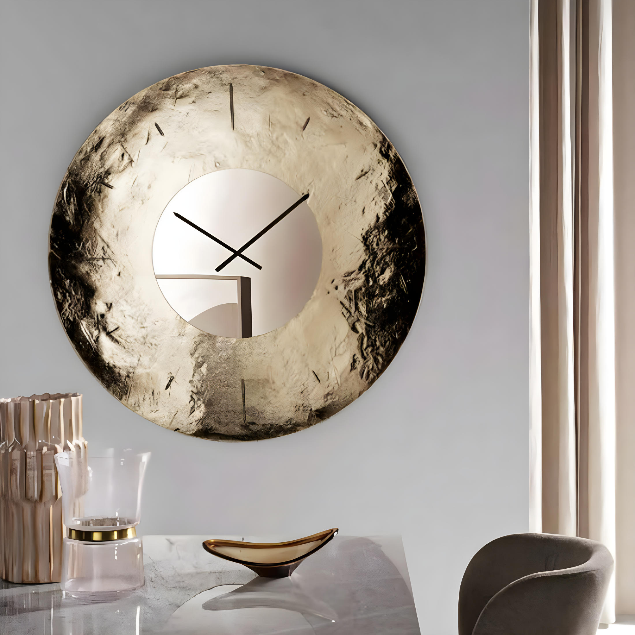 "Kronis" wall clock in hammered fused glass, back-silvered with mirrored insert and machine-engraved numbers