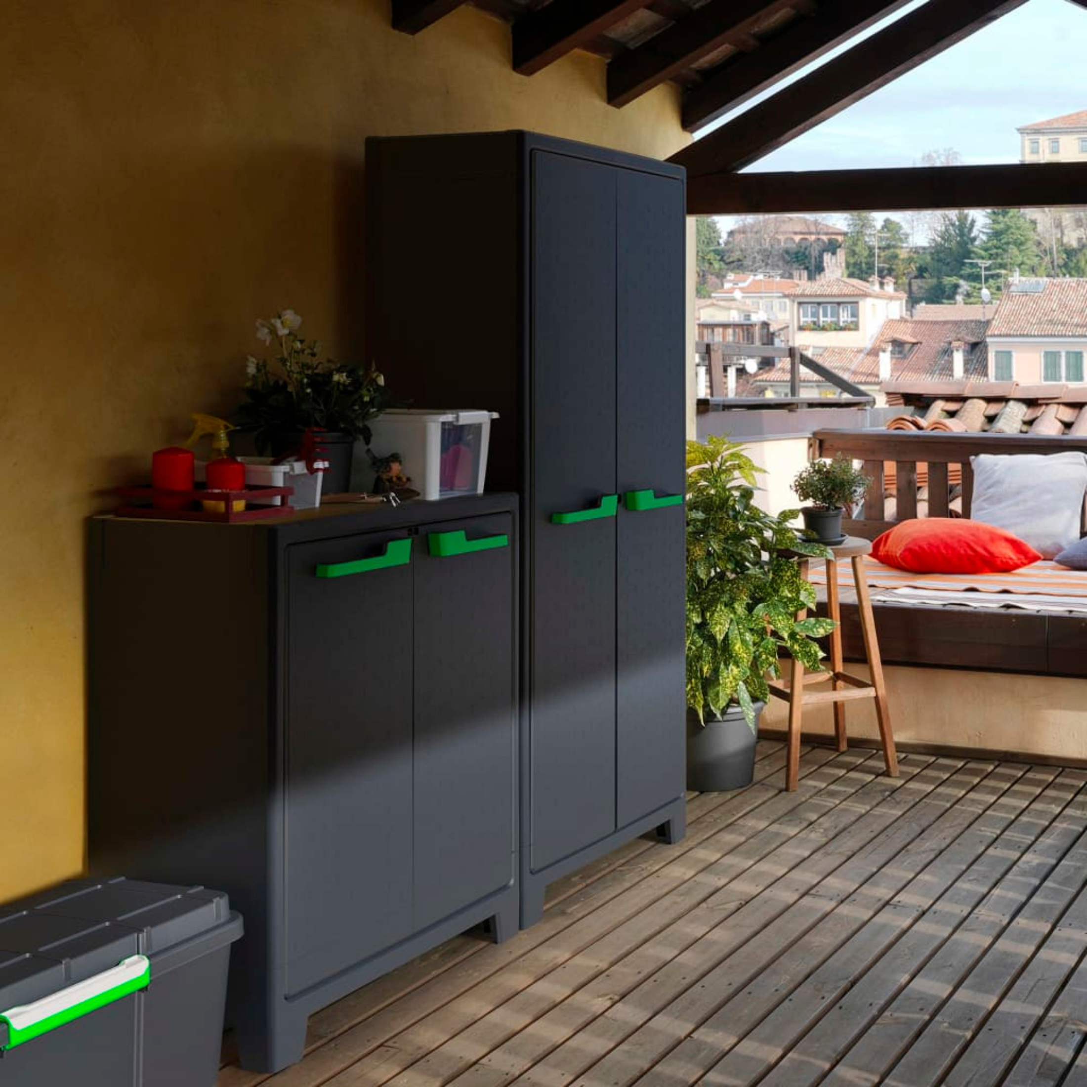 "Mody" resin garden cabinet with internal shelves and raised feet