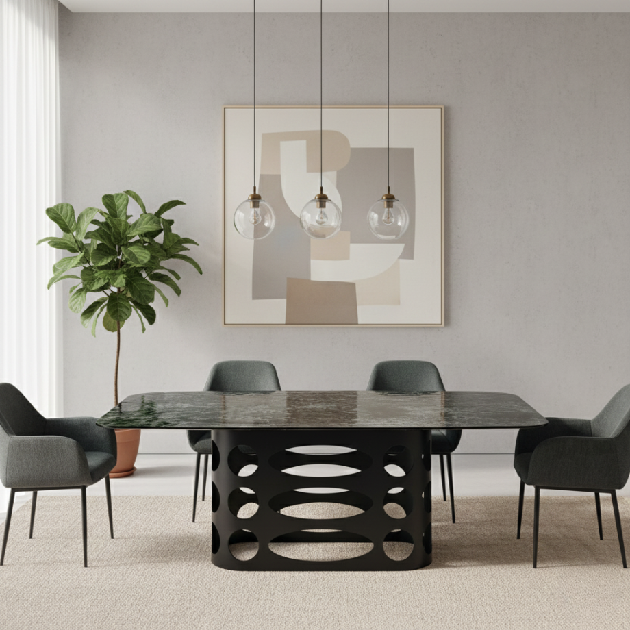 Fixed modern "Clover" table with back-silvered hammered glass top, 210x110 cm, 75 cm high