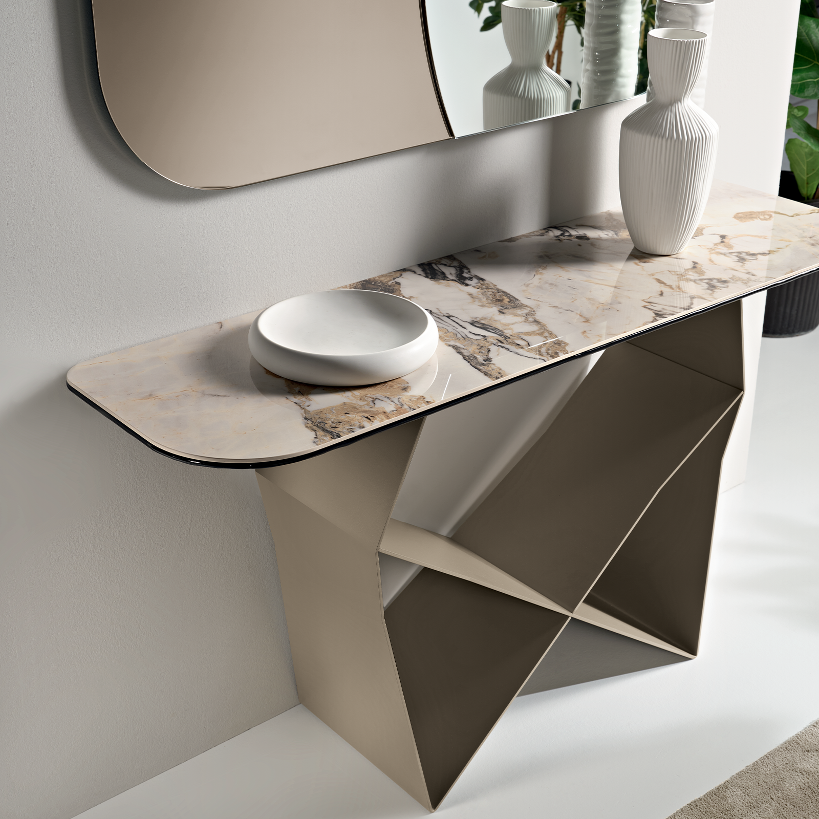 "Forma" console table with painted metal base, 140x40 cm, 76h