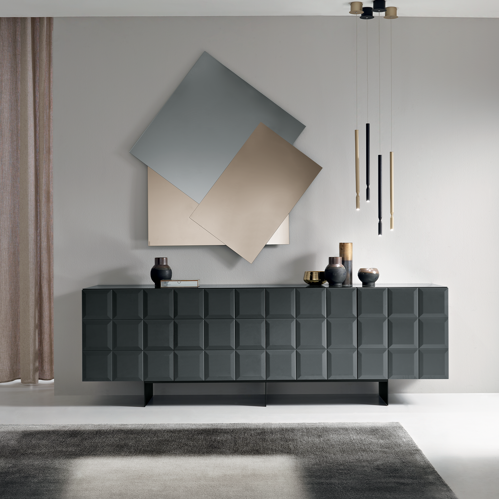 Anthracite "Mirò1" sideboard with lacquered MDF doors, chipboard body and black painted metal base