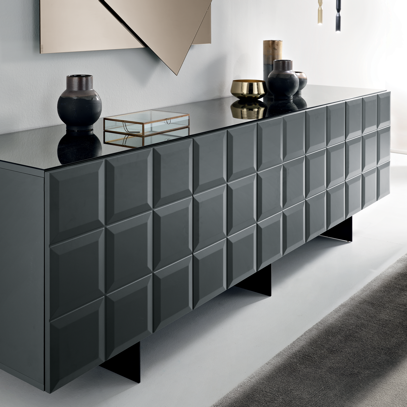 Anthracite "Mirò1" sideboard with lacquered MDF doors, chipboard body and black painted metal base