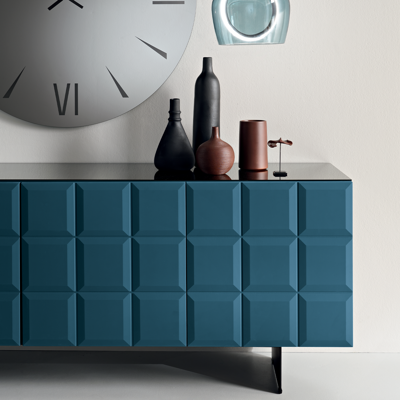 "Mirò" sideboard with lacquered MDF doors and smoked glass top with painted metal crosspiece