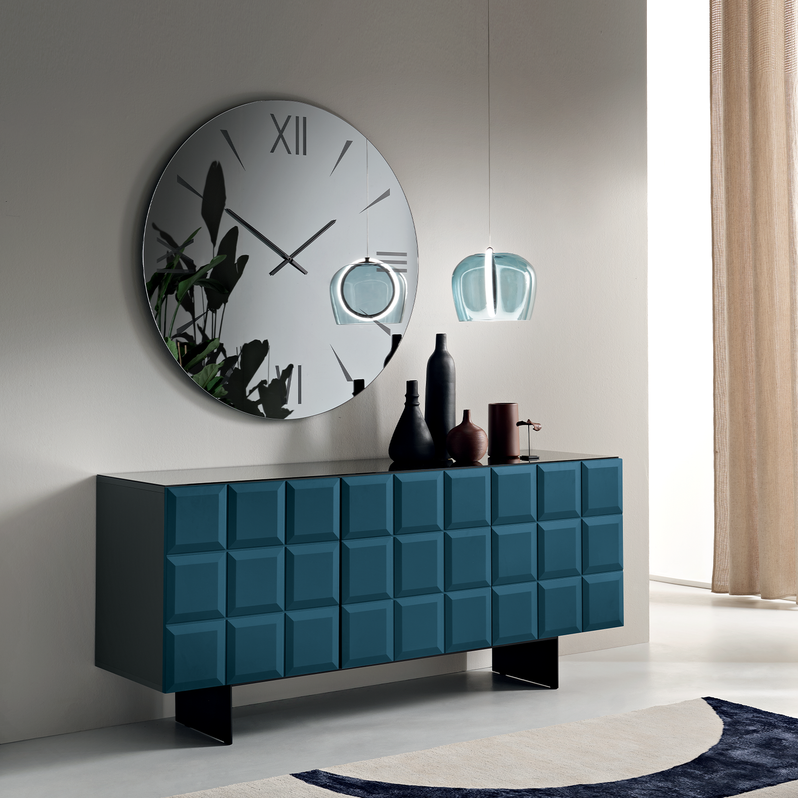 "Mirò" sideboard with lacquered MDF doors and smoked glass top with painted metal crosspiece