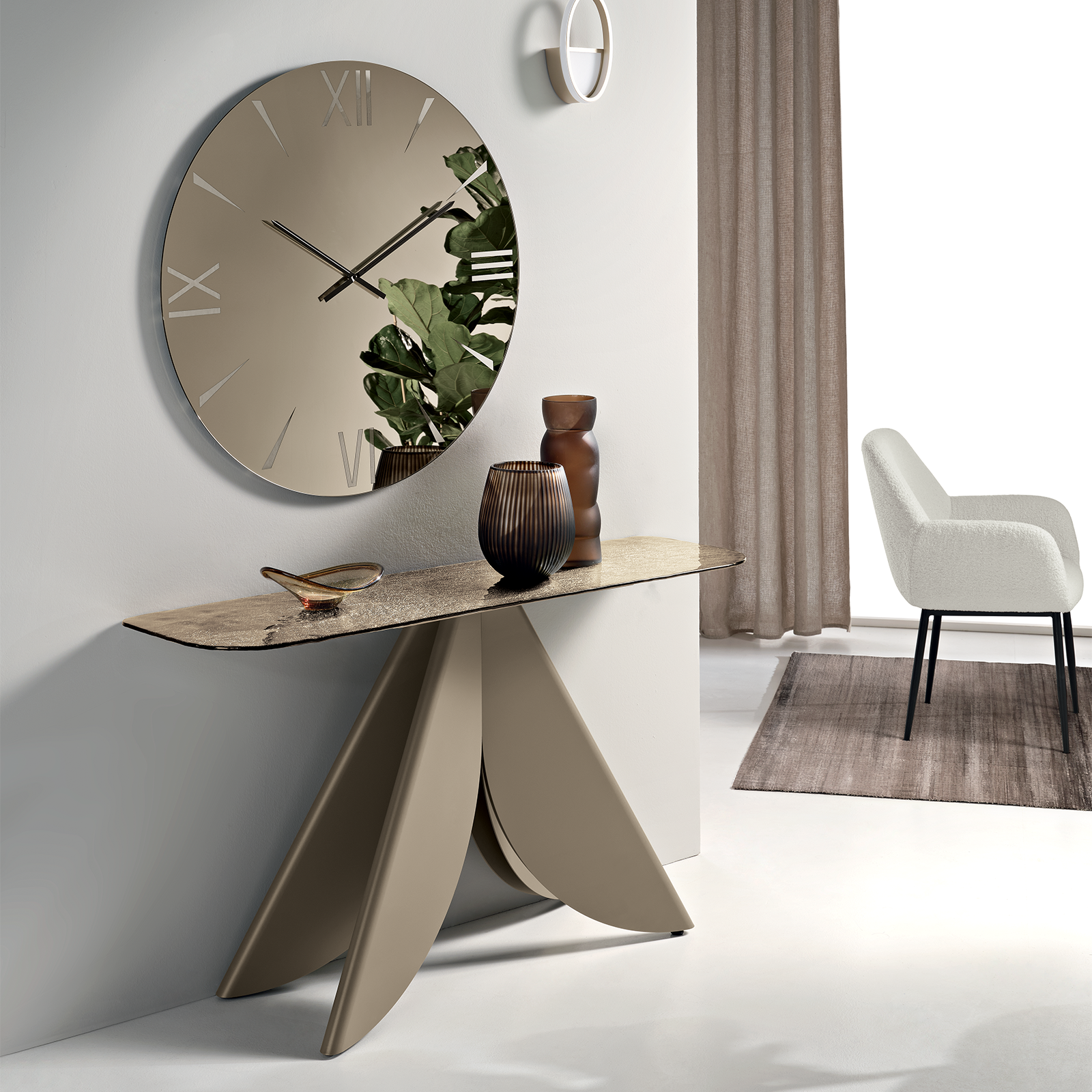 "Versus" console table with black or pearl beige painted metal base, 140x40 cm, 76h