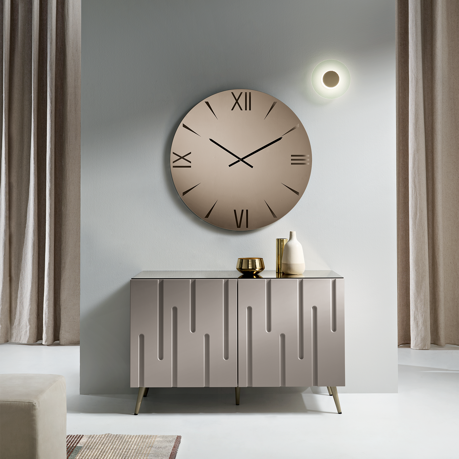 Dove grey "Lira" sideboard with lacquered MDF doors and chipboard body with bronze top and 5 feet
