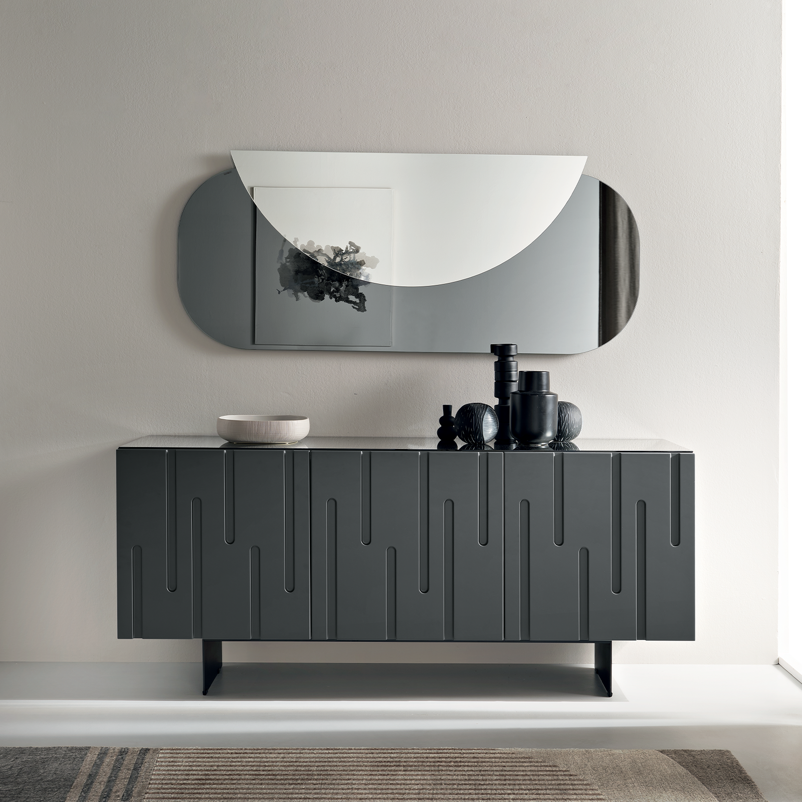Anthracite "Lira" sideboard with lacquered MDF doors and melamine body with smoked top and black painted metal crosspiece