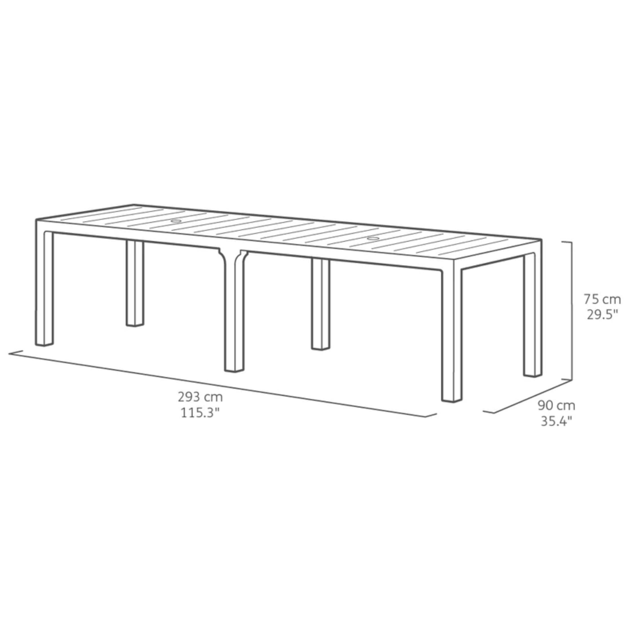 "Julie" outdoor table with slats in square and rectangular resin for the garden, 295x90 cm, 74.5 cm high