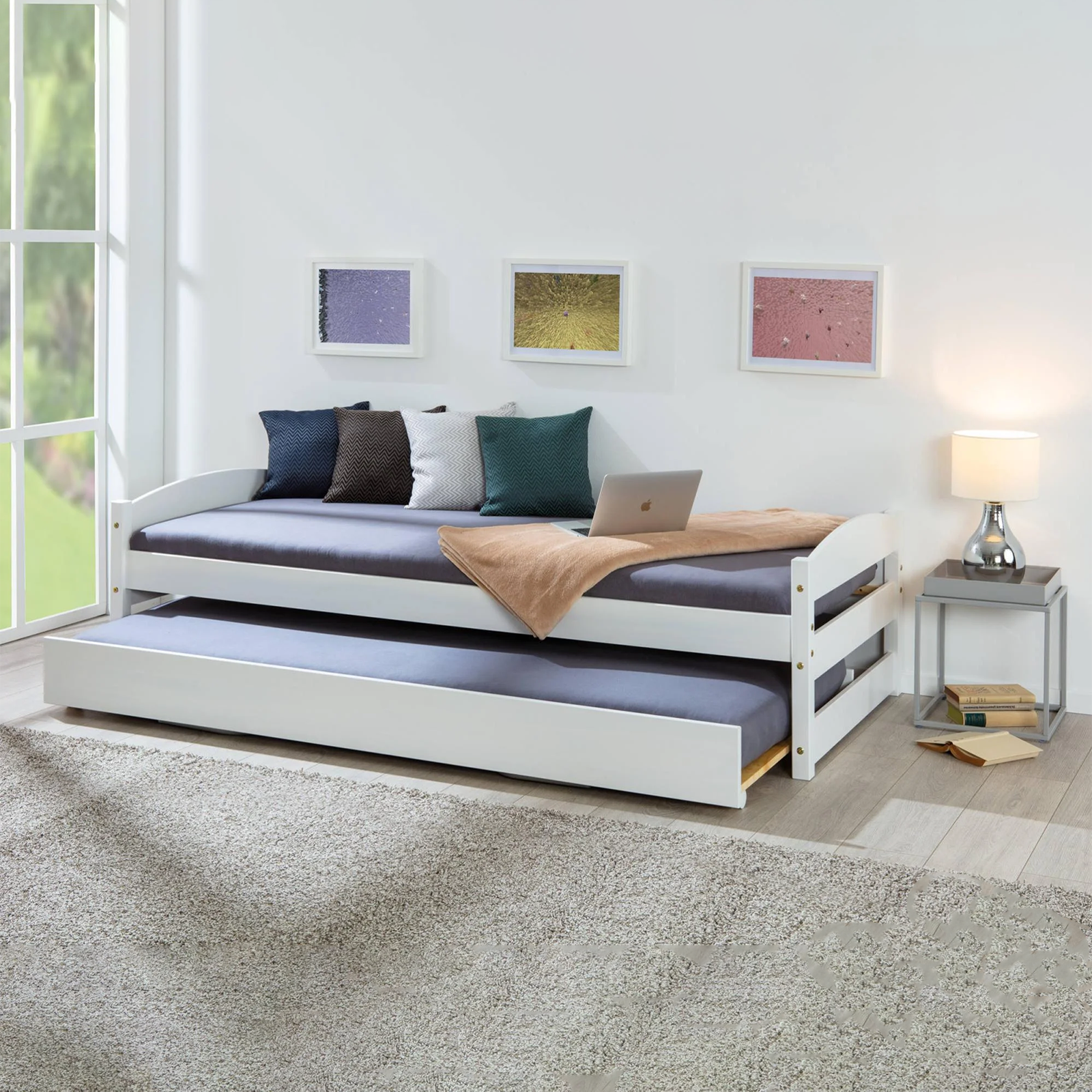 3-function pull-out double bed in white wood, 209x97 cm, 62 cm high