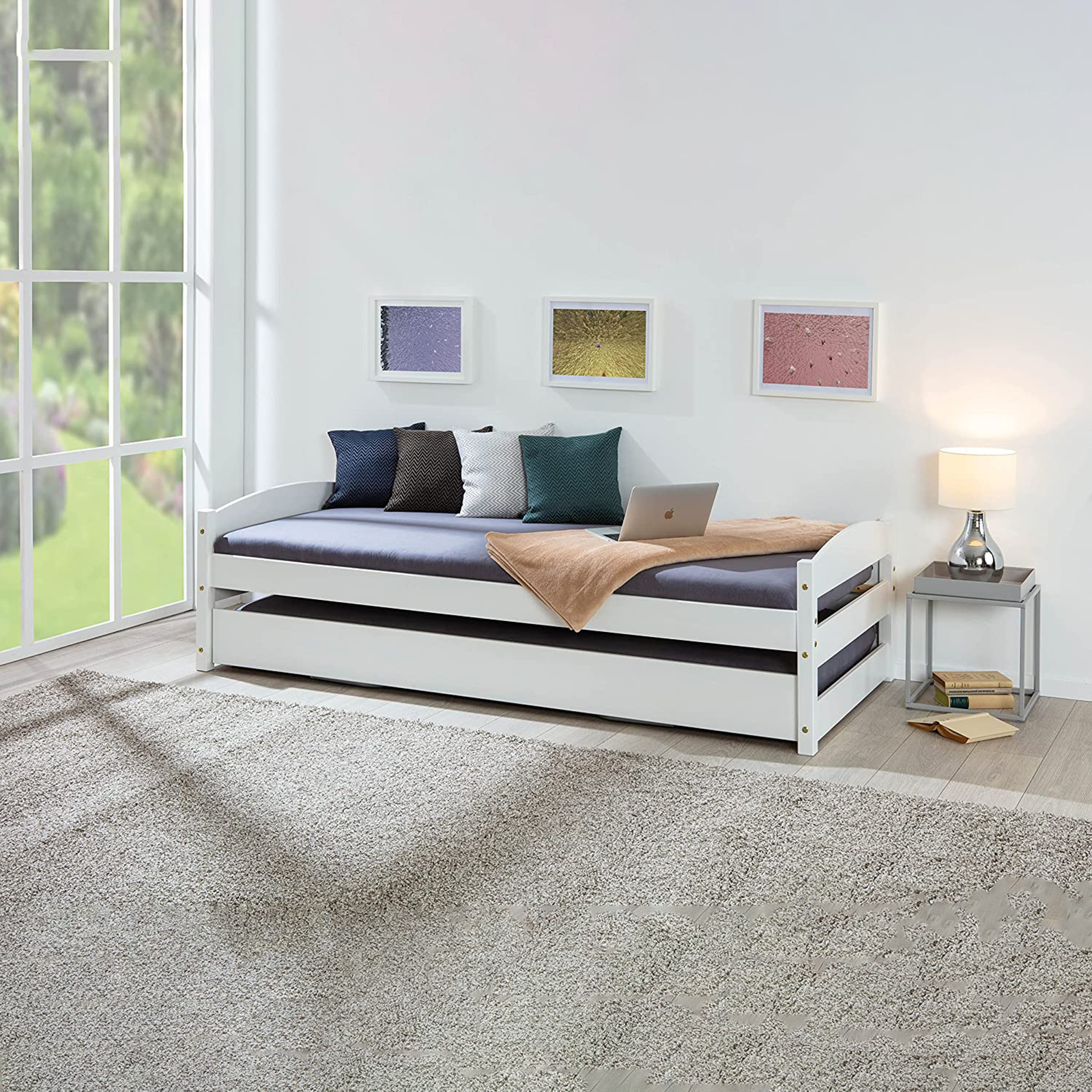 3-function pull-out double bed in white wood, 209x97 cm, 62 cm high