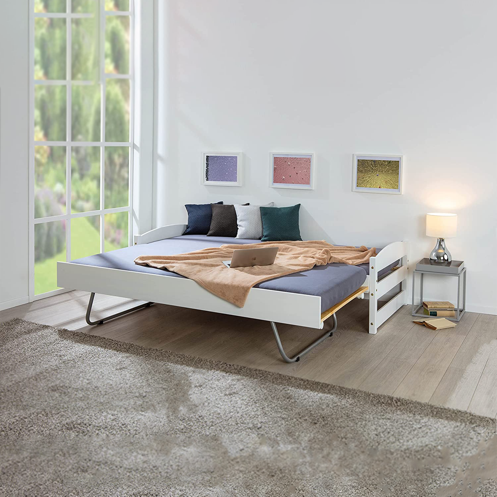 3-function pull-out double bed in white wood, 209x97 cm, 62 cm high